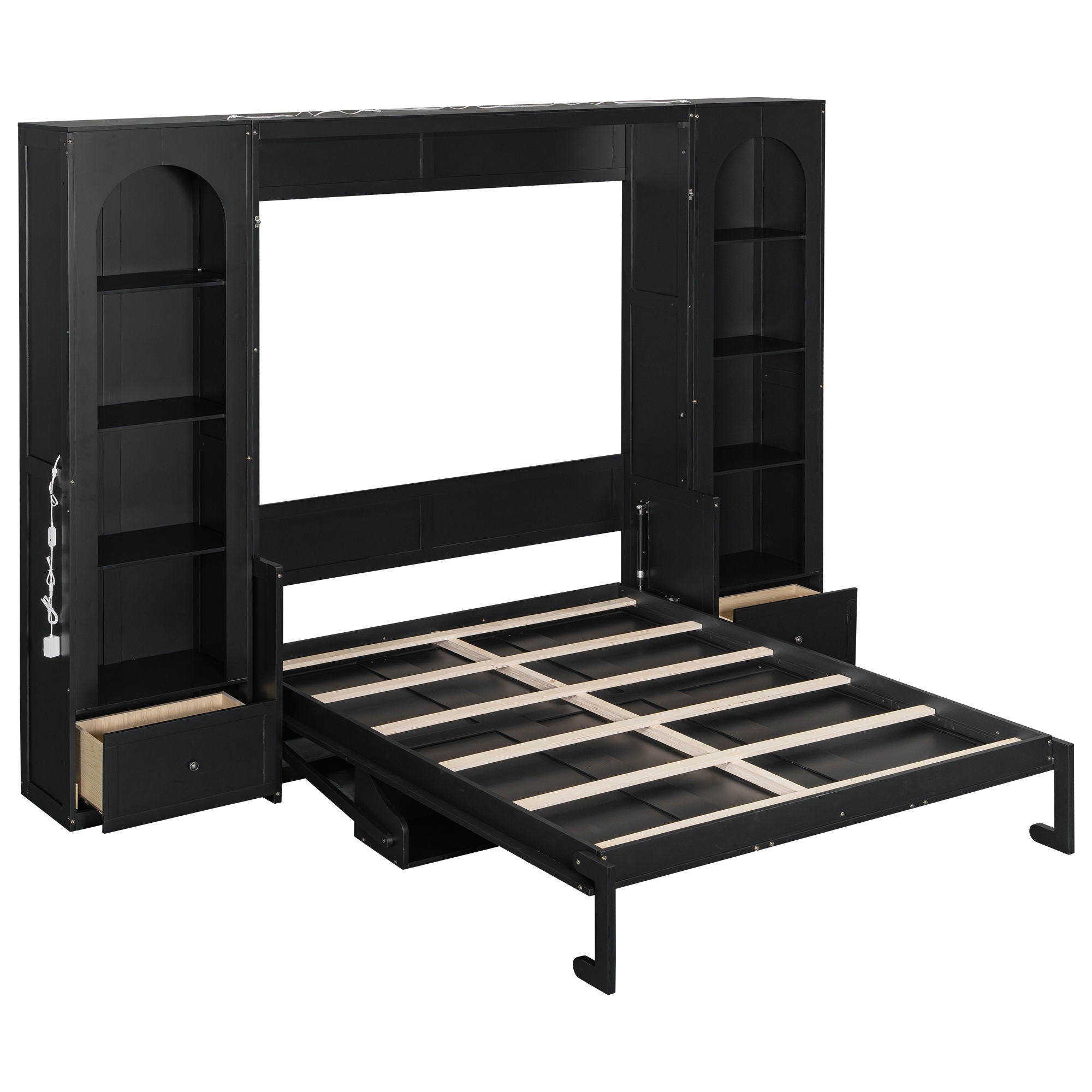 French Style Murphy Platform Bed With Shelf, Side Cabinets, Drawers And LED