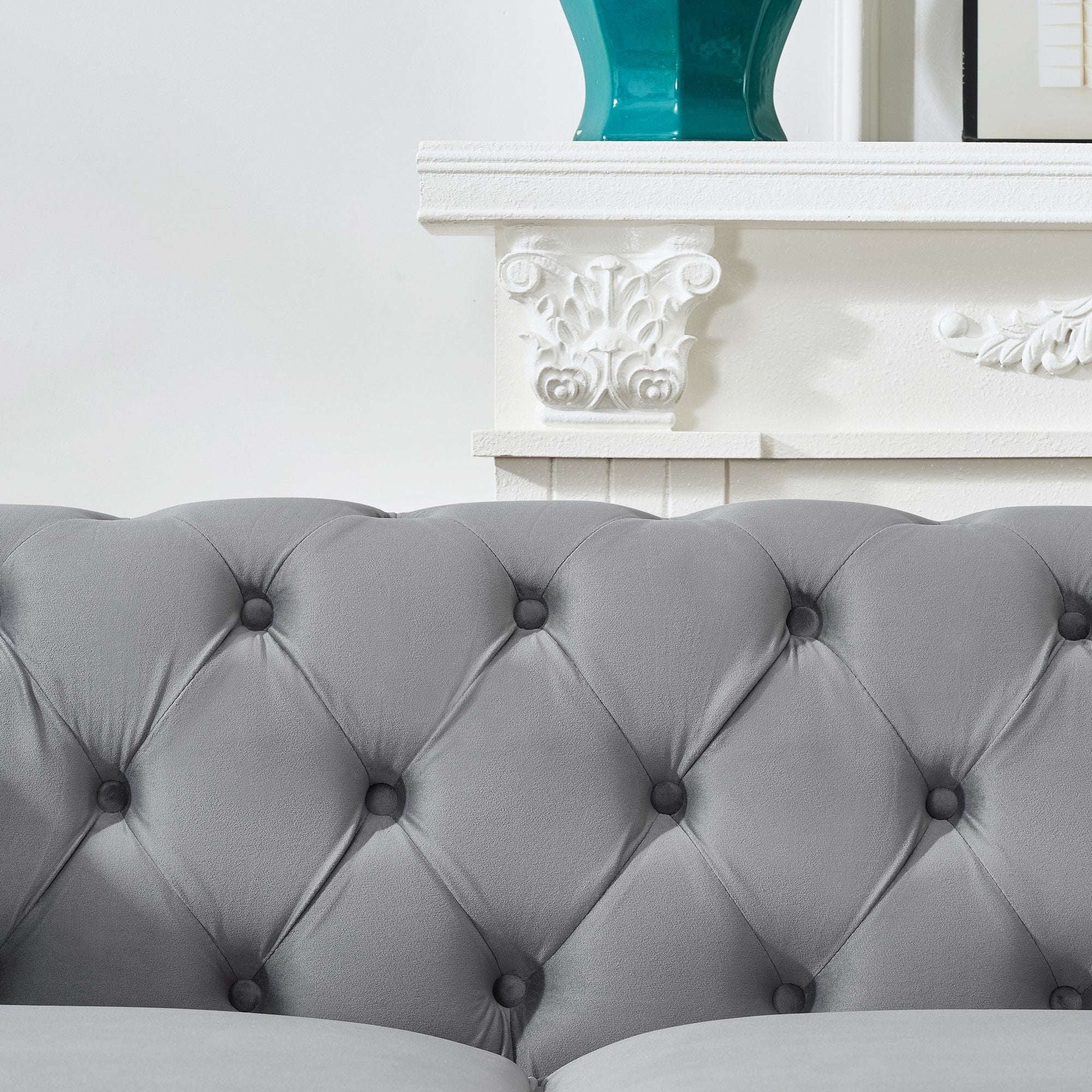 Chesterfield Upholstery Fabric Sofa With Roll Armrest & Nailhead, Mid Century Modern 3 And 3 Seater Couch
