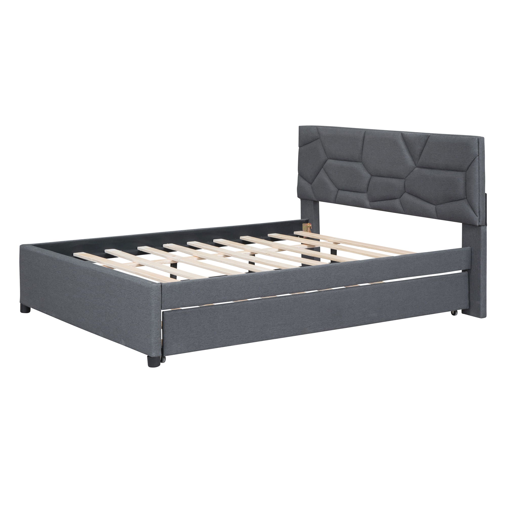 Upholstered Platform Bed With Brick Pattern Headboard And Twin Long Size Trundle