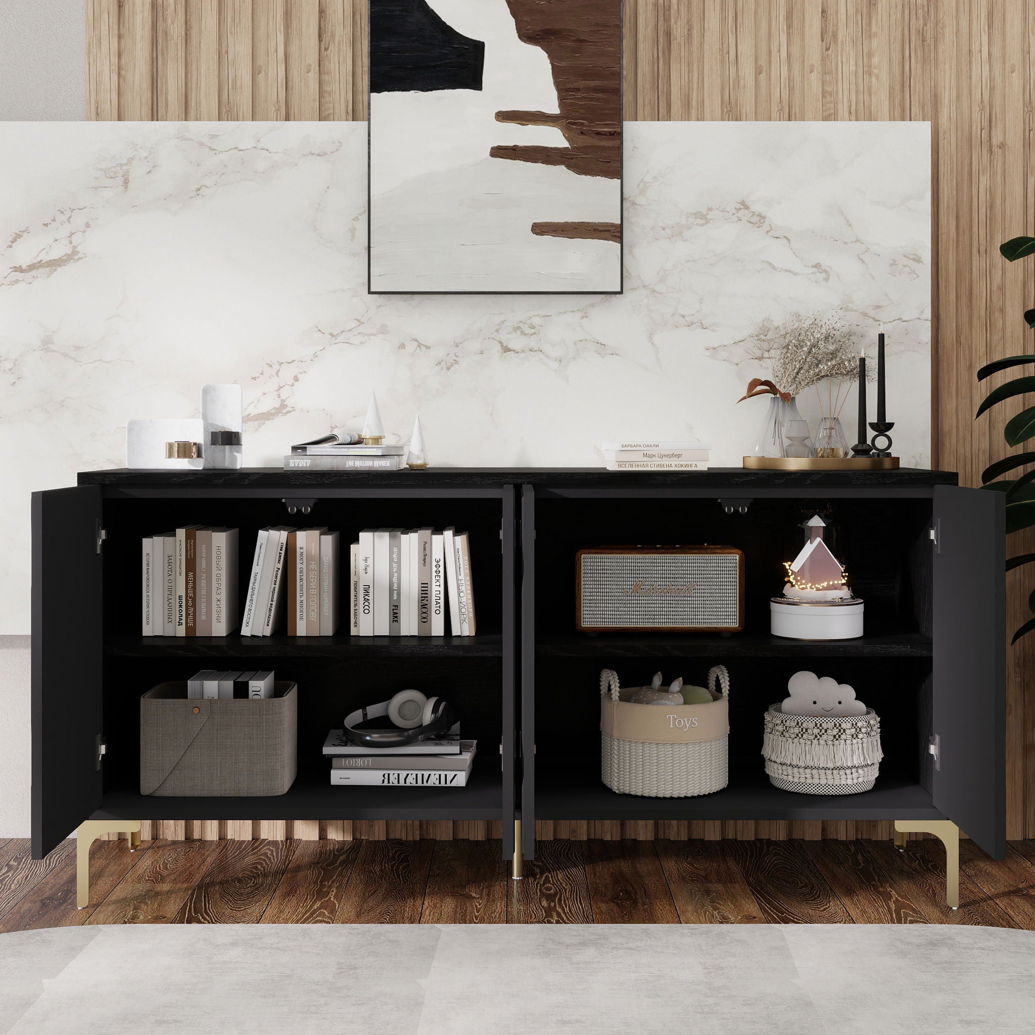 Modern Sideboard Buffet Cabinet With Handleless Press To Open Design With 4 Doors