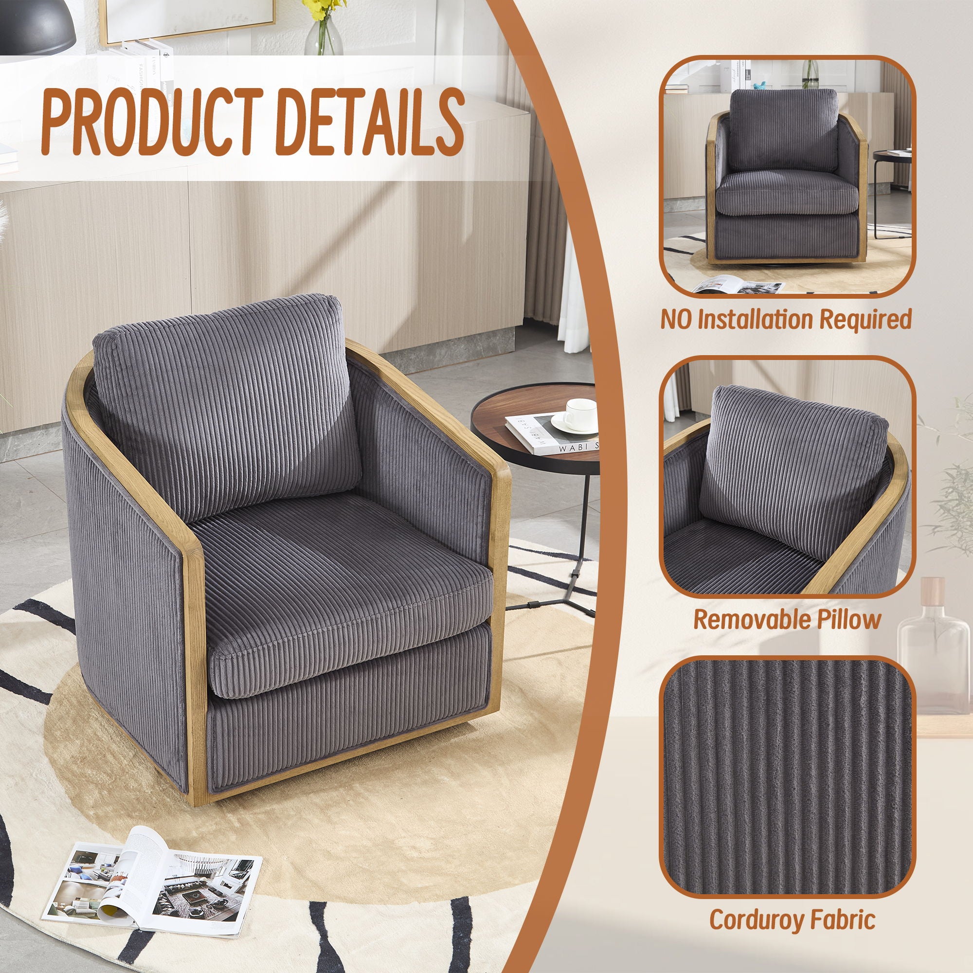 Corduroy Barrel Chair, 360 Degree Swivel