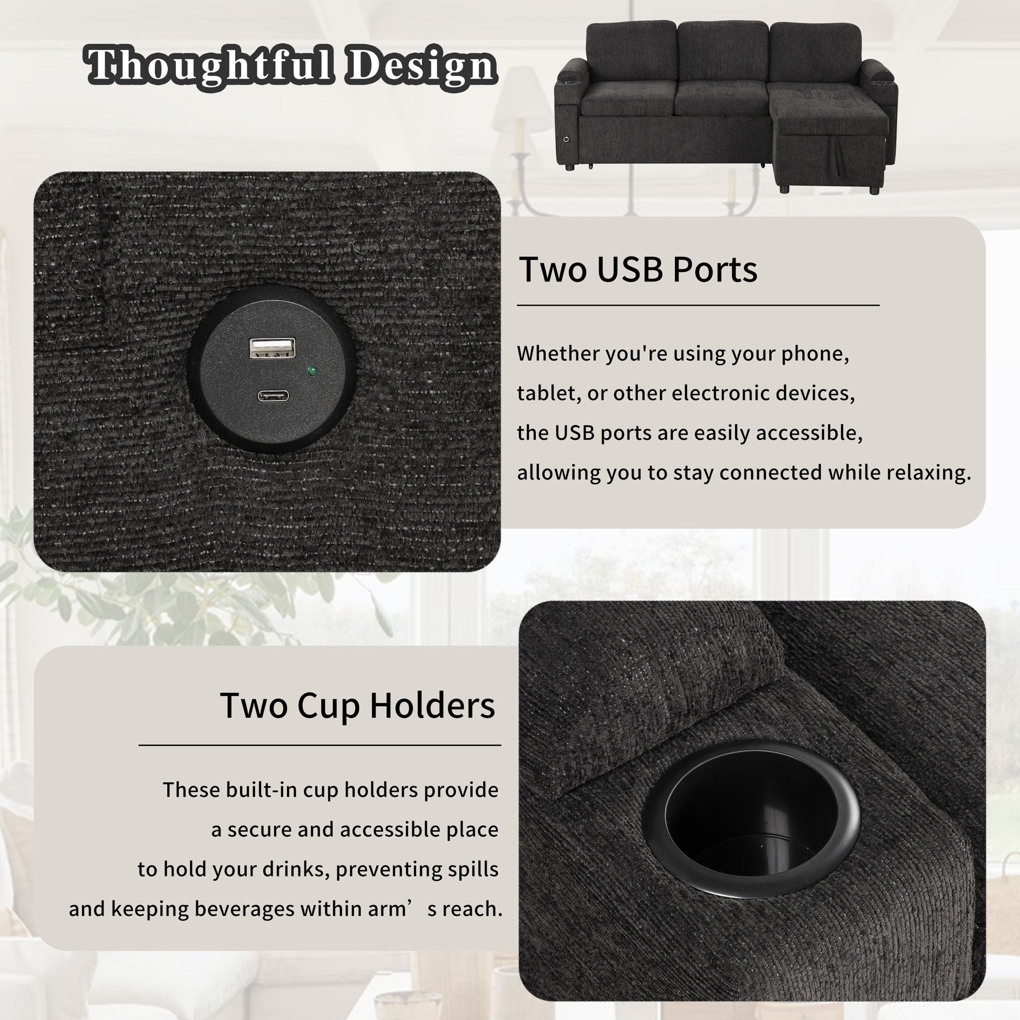 Convertible L Shaped Sofa Couch With Storage, Cup Holders, USB Ports