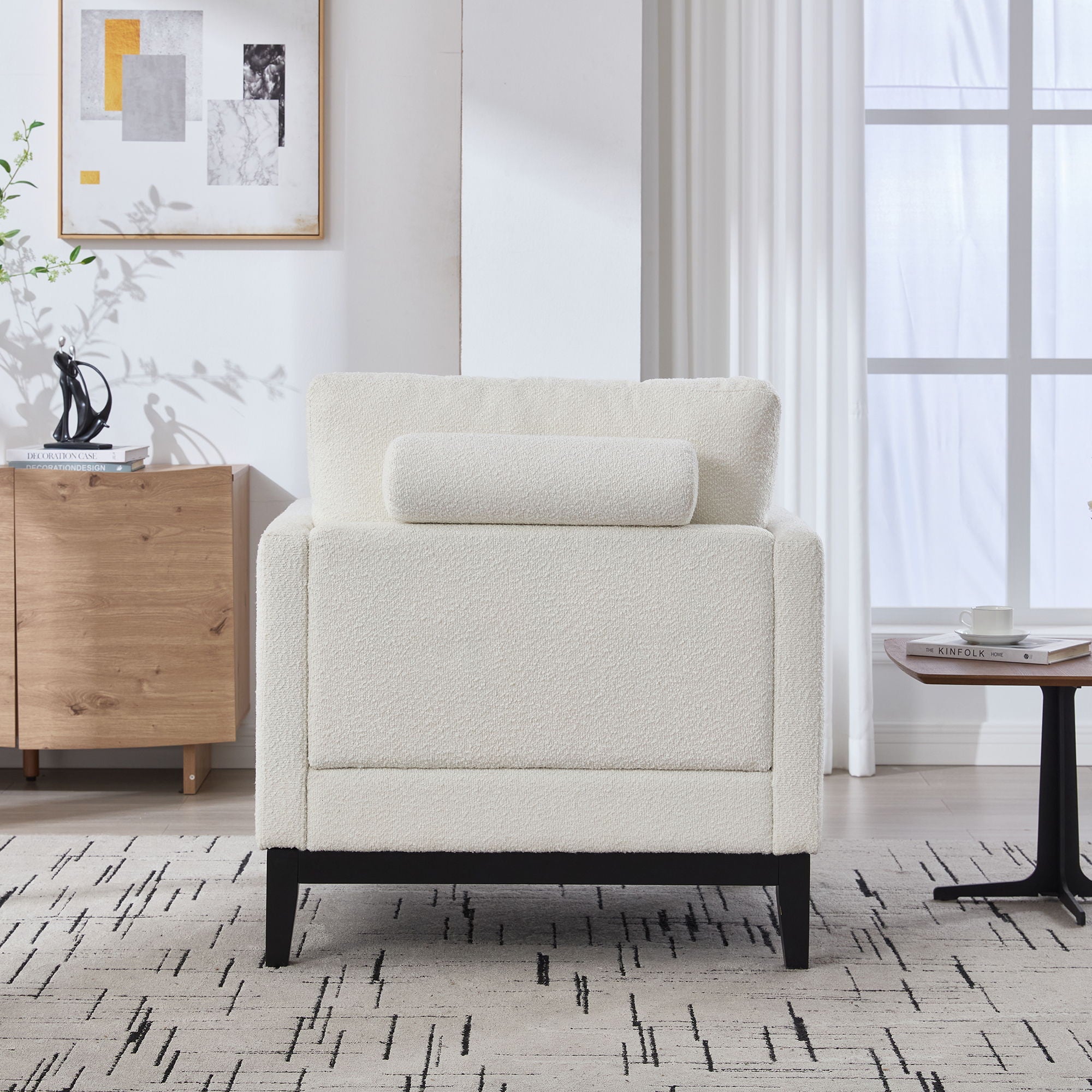 Wide Modern Farmhouse Performance Accent Chair With Legs, Wood Base