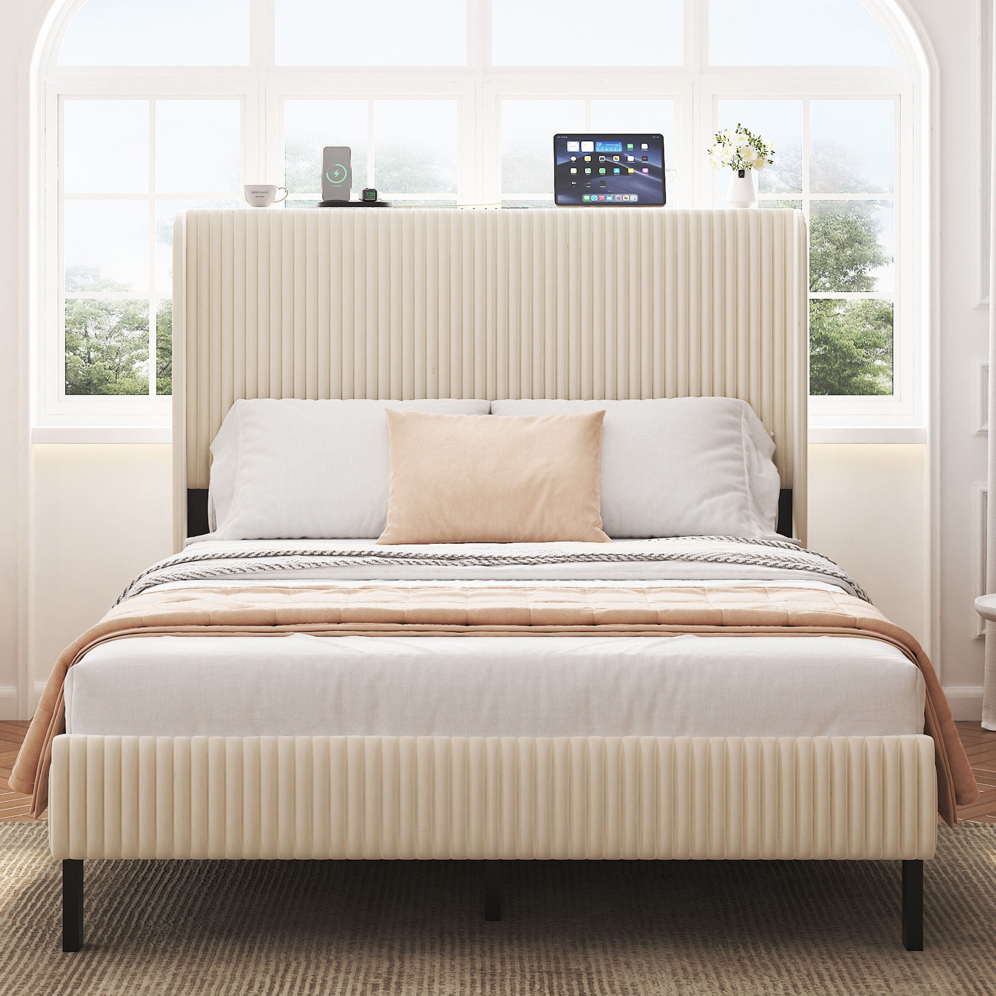 Platform Bed With Metal Frame And Charging Station