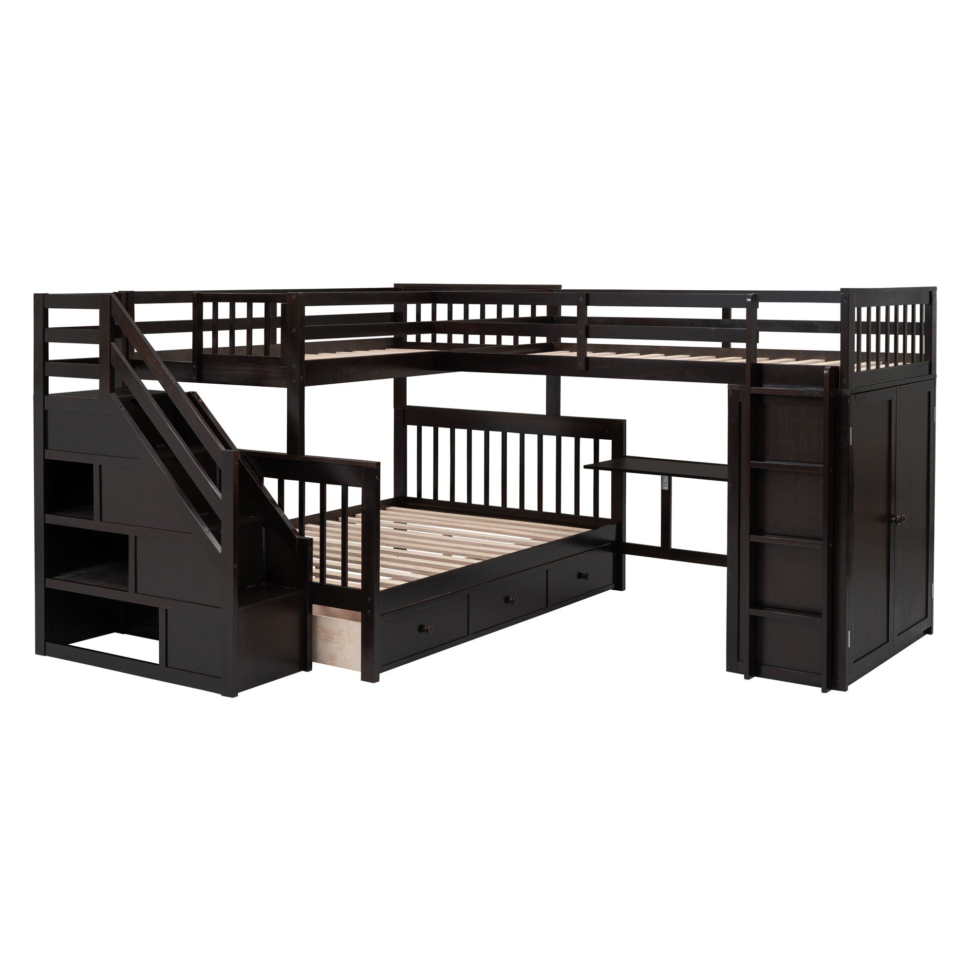 L Shaped Bunk Bed With 3 Drawers, Portable Desk And Wardrobe