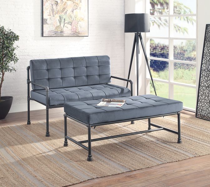 ACME Brantley - Bench - Gray Velvet & Sandy Gray Finish | Meri Furniture