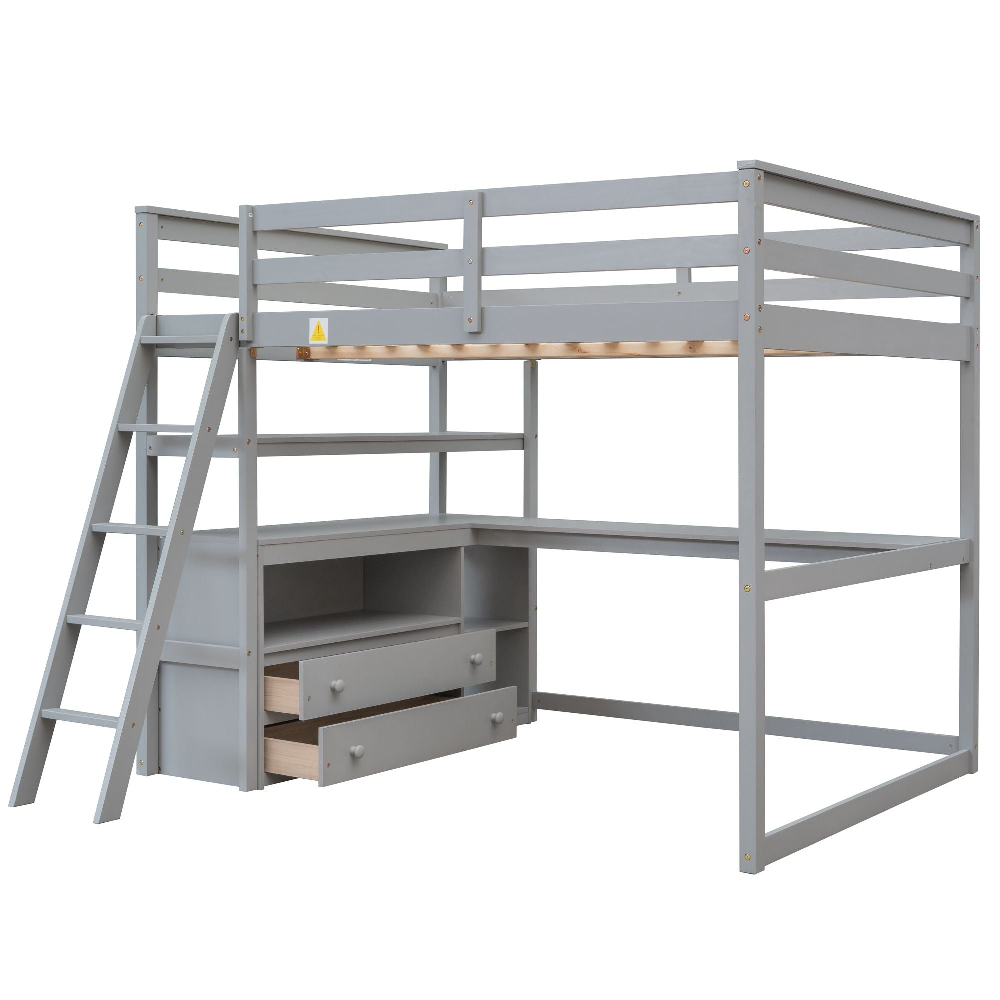 Modern Loft Bed With Built In Desk, Shelves, And 2 Drawers