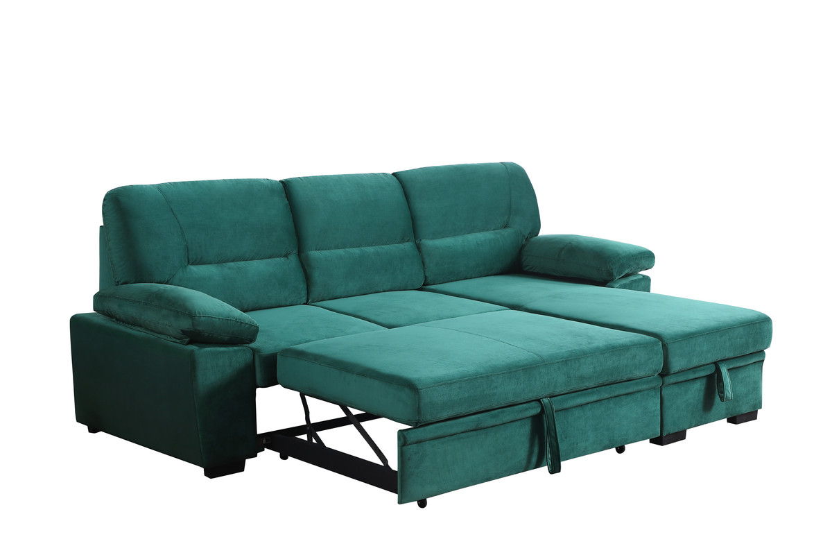 Kipling 97.5"W Green Velvet Fabric Reversible Sleeper Sectional Sofa Chaise