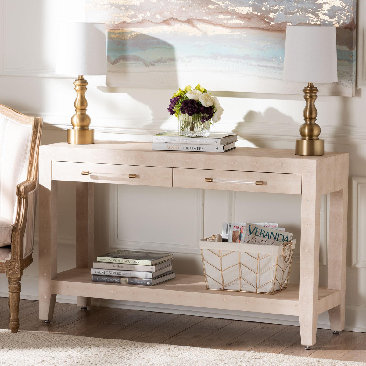Nira Faux Shagreen Console Table - Contemporary Accent Display Piece with 2 Drawers and Open Shelf, Storage Solution for Entryway or Living Room