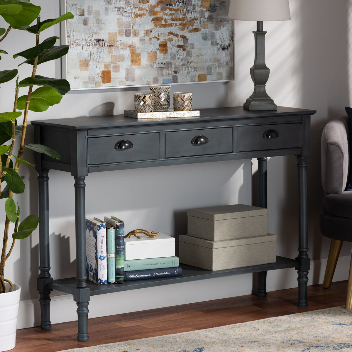 Garvey French Provincial Dark Blue Gray Wood 3-Drawer Entryway Console Table