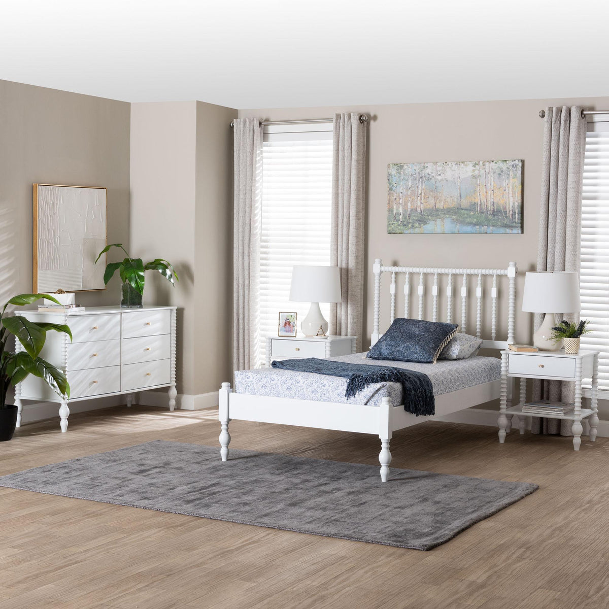 Denita Spindle 4-Piece Bedroom Set - Farmhouse Platform Bed with Matching Dresser and 1-Drawer Nightstands, White, Twin