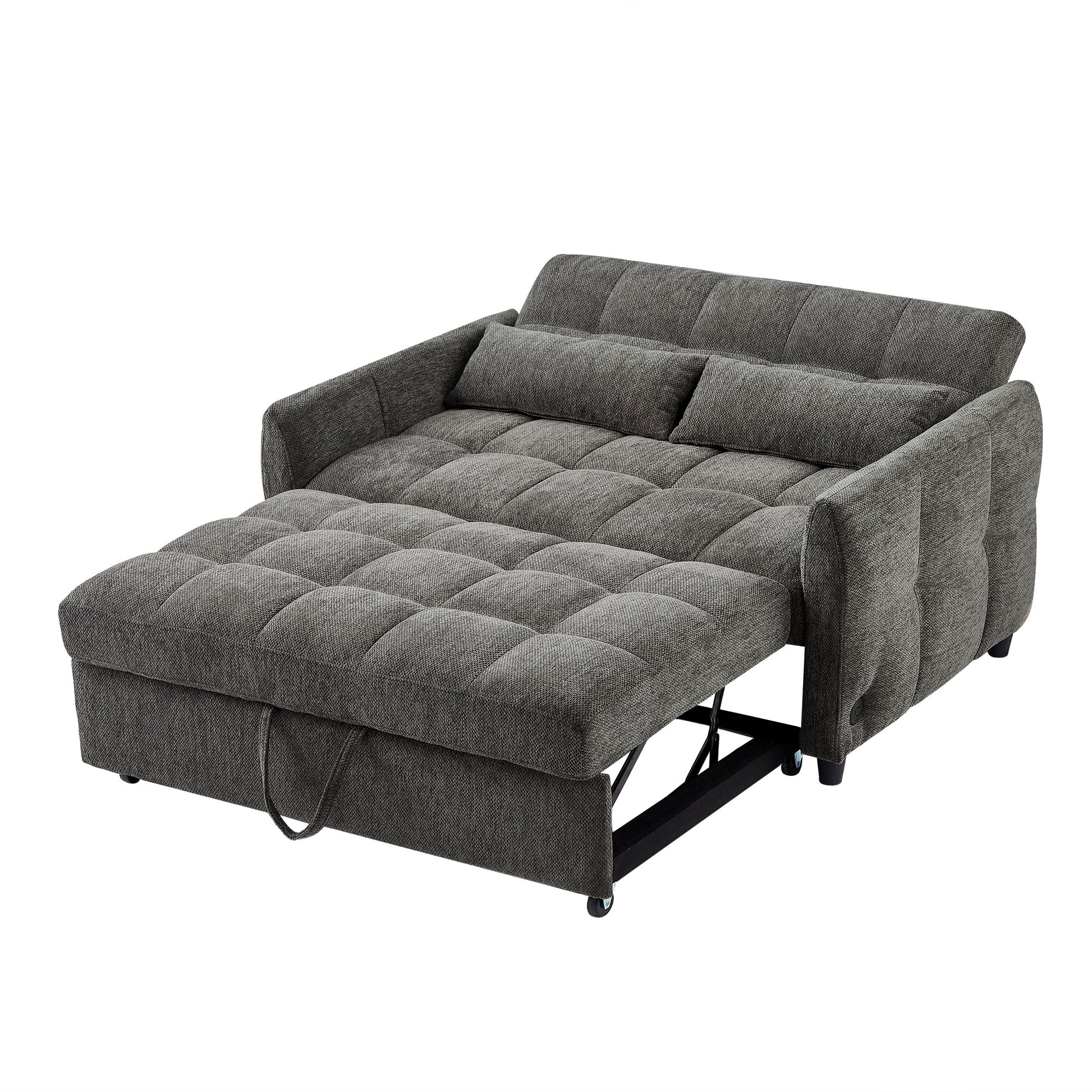 Loveseat Sofa Pull-Out Bed With Adjustable Backrest, 3 USB Ports And 2 Lumbar Pillows For Living Room