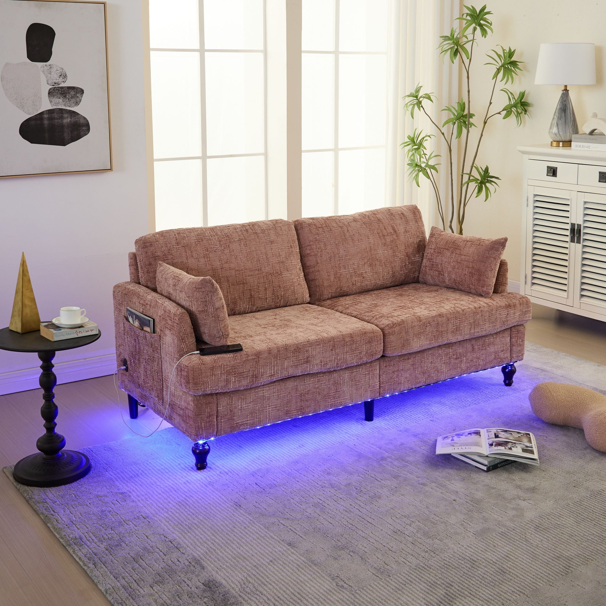 Chenille 2 Seater Sofa With LED Light, USB Charging Port, And Storage Bag