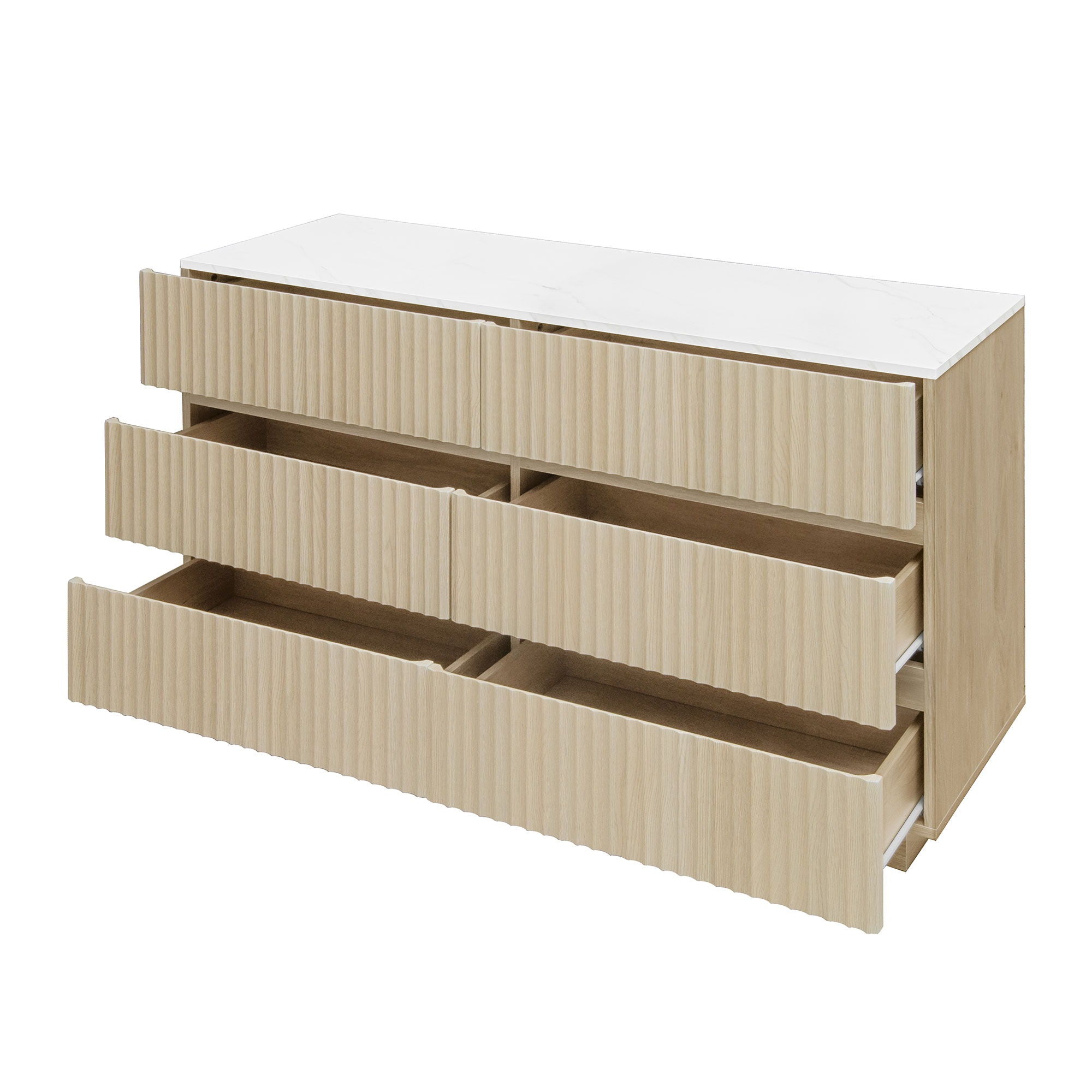 Fluted 6 Drawers Dresser, Double Dresser Chest Of Drawers, Modern Chest Of Drawers With LED, Drawer Organizer For Bedroom, Living Room, Hallway - Natural