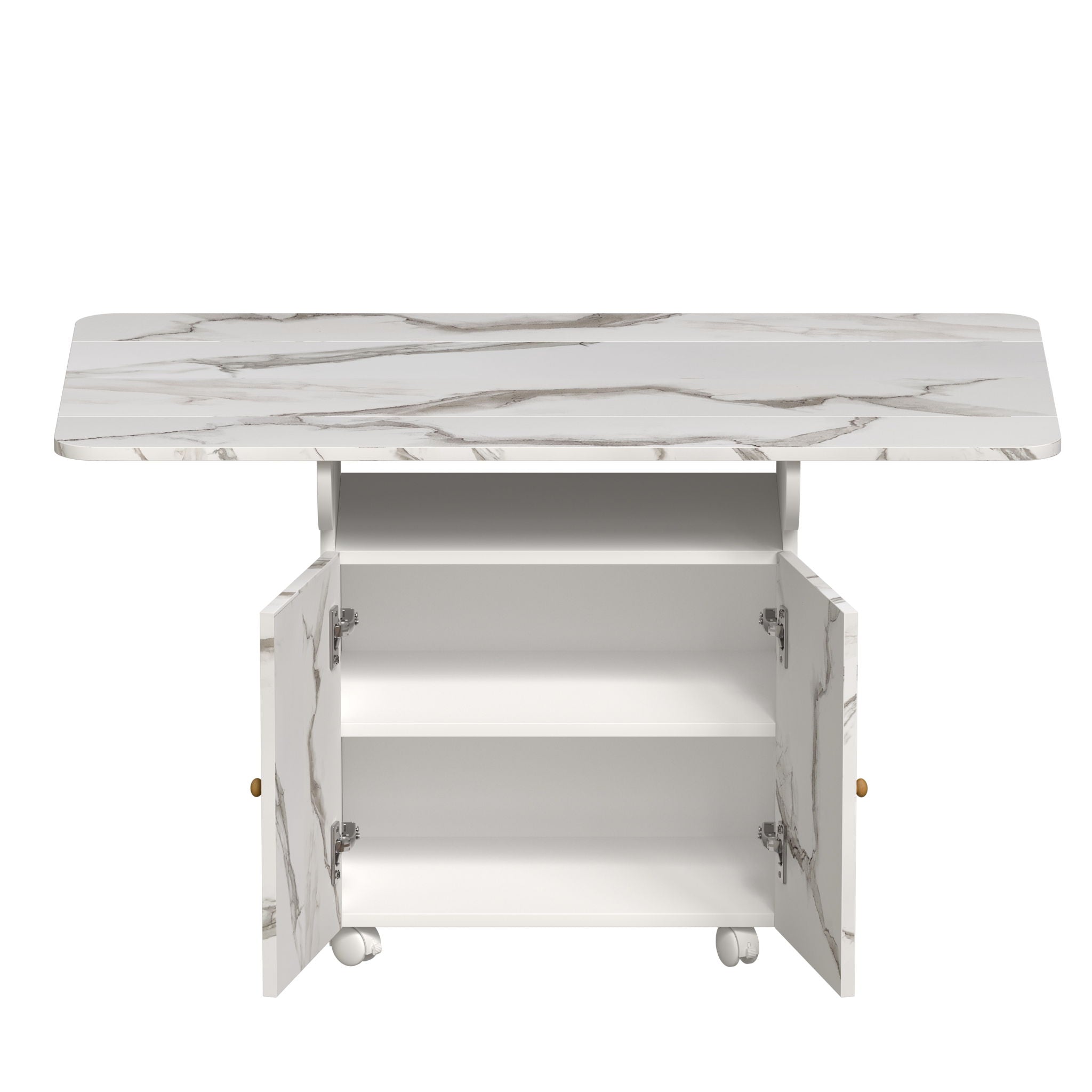 Versatile Marble Folding Dining Table With Storage Rack And Cabinet, 6 Wheels - White