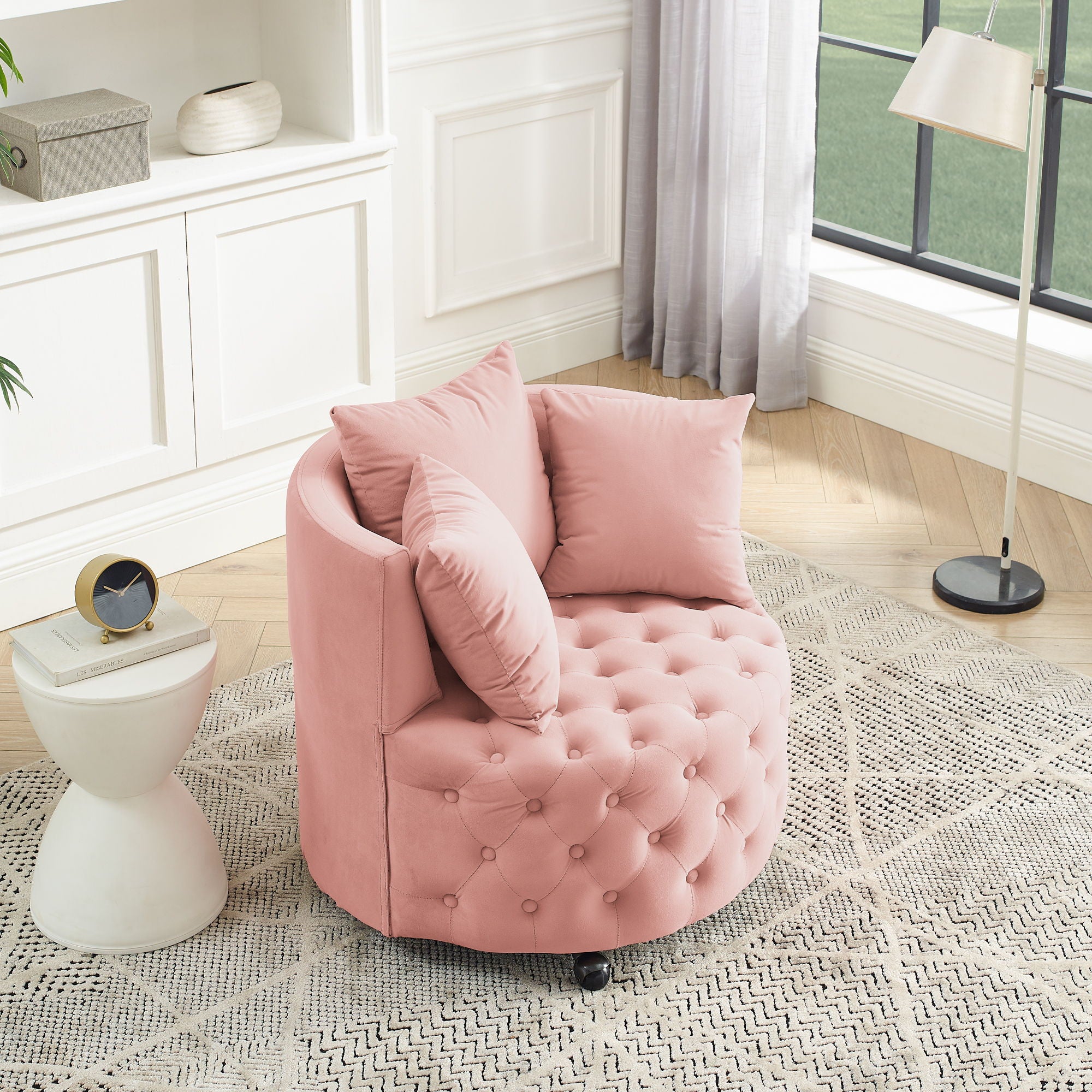 Modern Upholstered Swivel Chair With Button Tufted Design And Movable Wheels