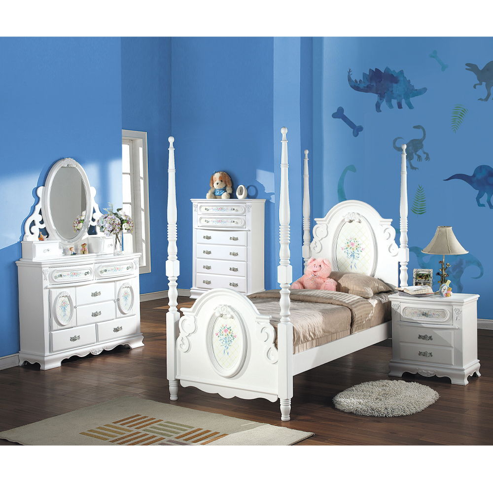 ACME Box Spring Required Poster Bed: Arched Headboard/Footboard Oval Rope Molding with floral motif decals Flora Collection: Poster & Panel Beds, Optional Trundle sold Separately | Meri Furniture