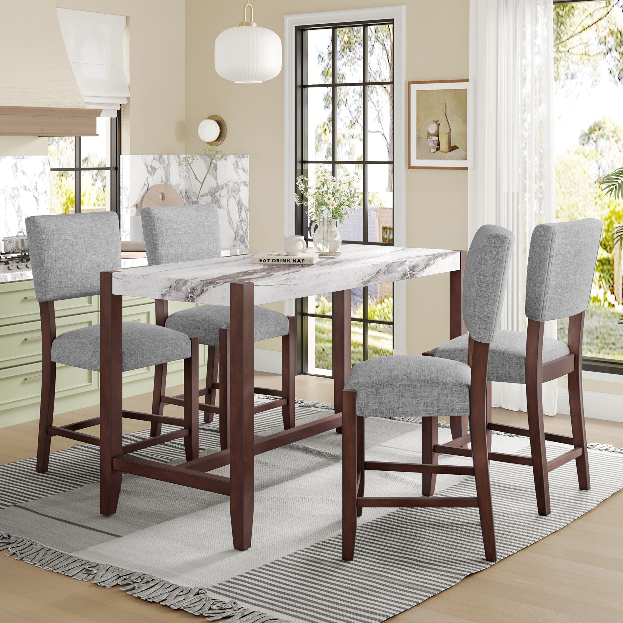 5 Piece Counter Height Dining Set With 4 Upholstered Chairs