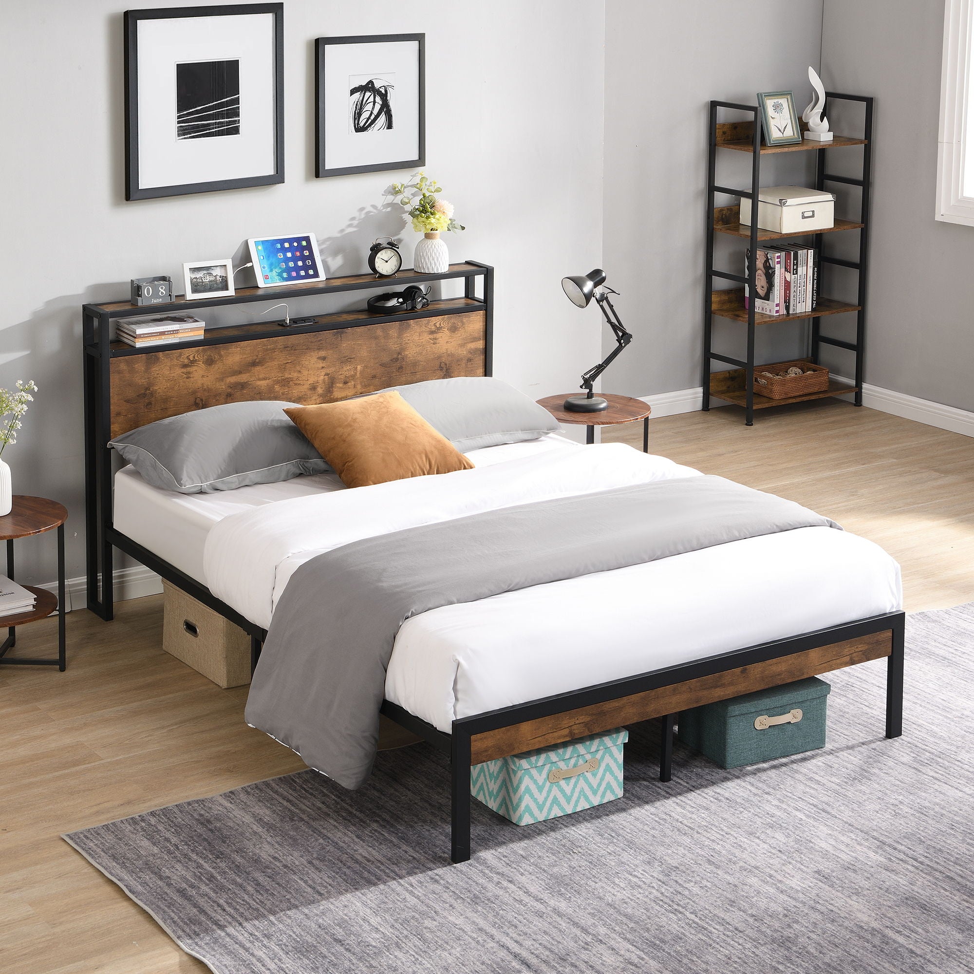 Platform Bed Frame With Wooden Headboard And Footboard, USB Liner
