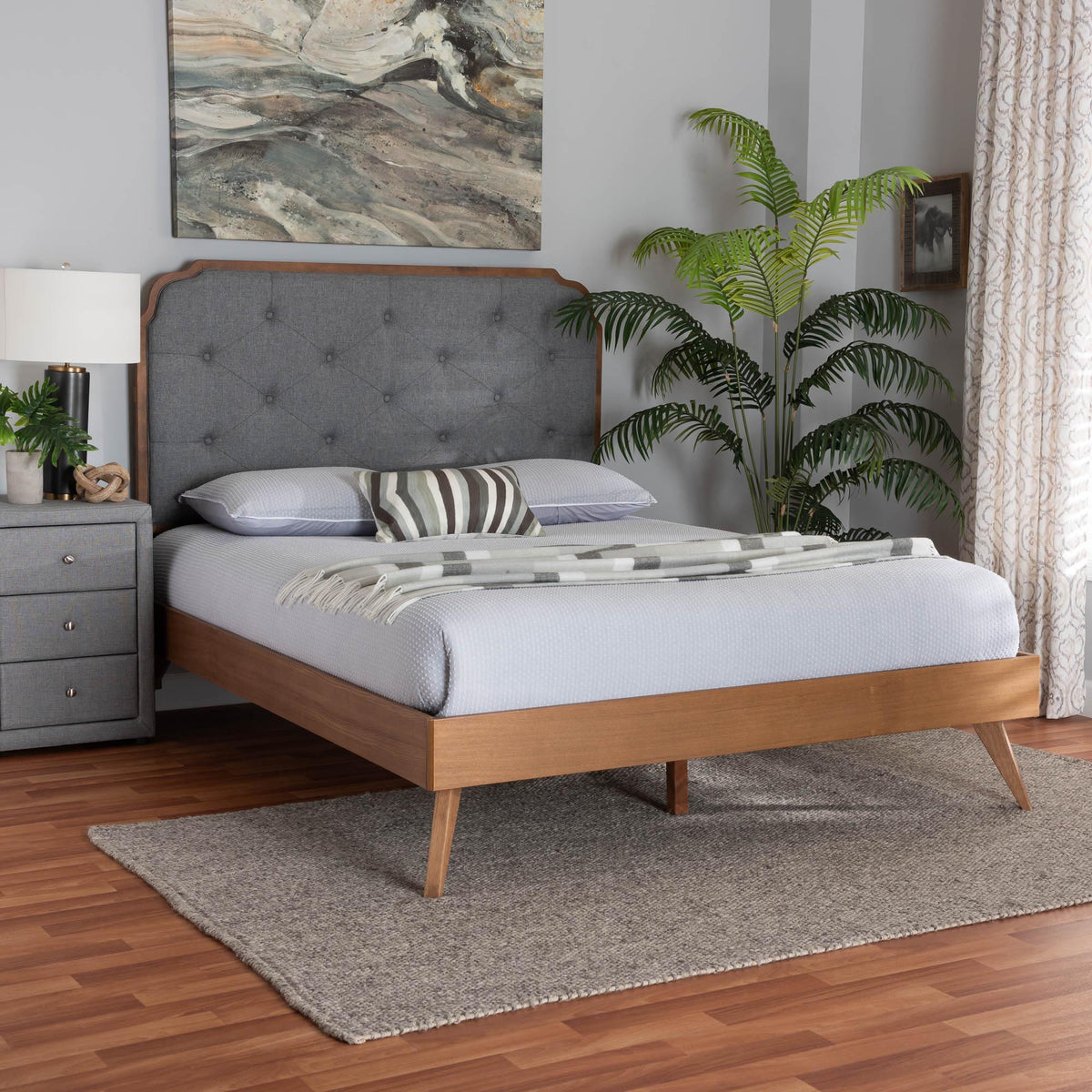 Lorana Mid-Century Modern Grey Fabric and Walnut Brown Wood King Size Platform Bed