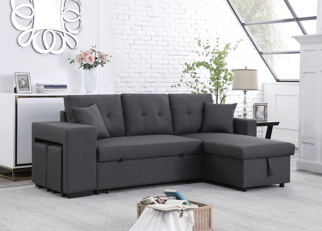 Dennis 93"W Dark Gray Linen Fabric Reversible Sleeper Sectional with Storage Chaise and 2 Stools