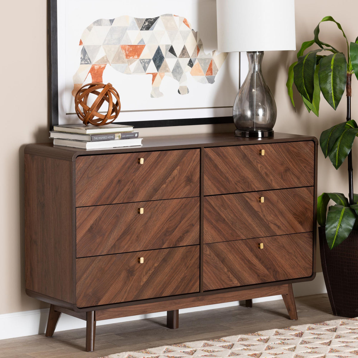 Markell Mid-Century Modern Transitional Walnut Brown Finished Wood 6-Drawer Dresser
