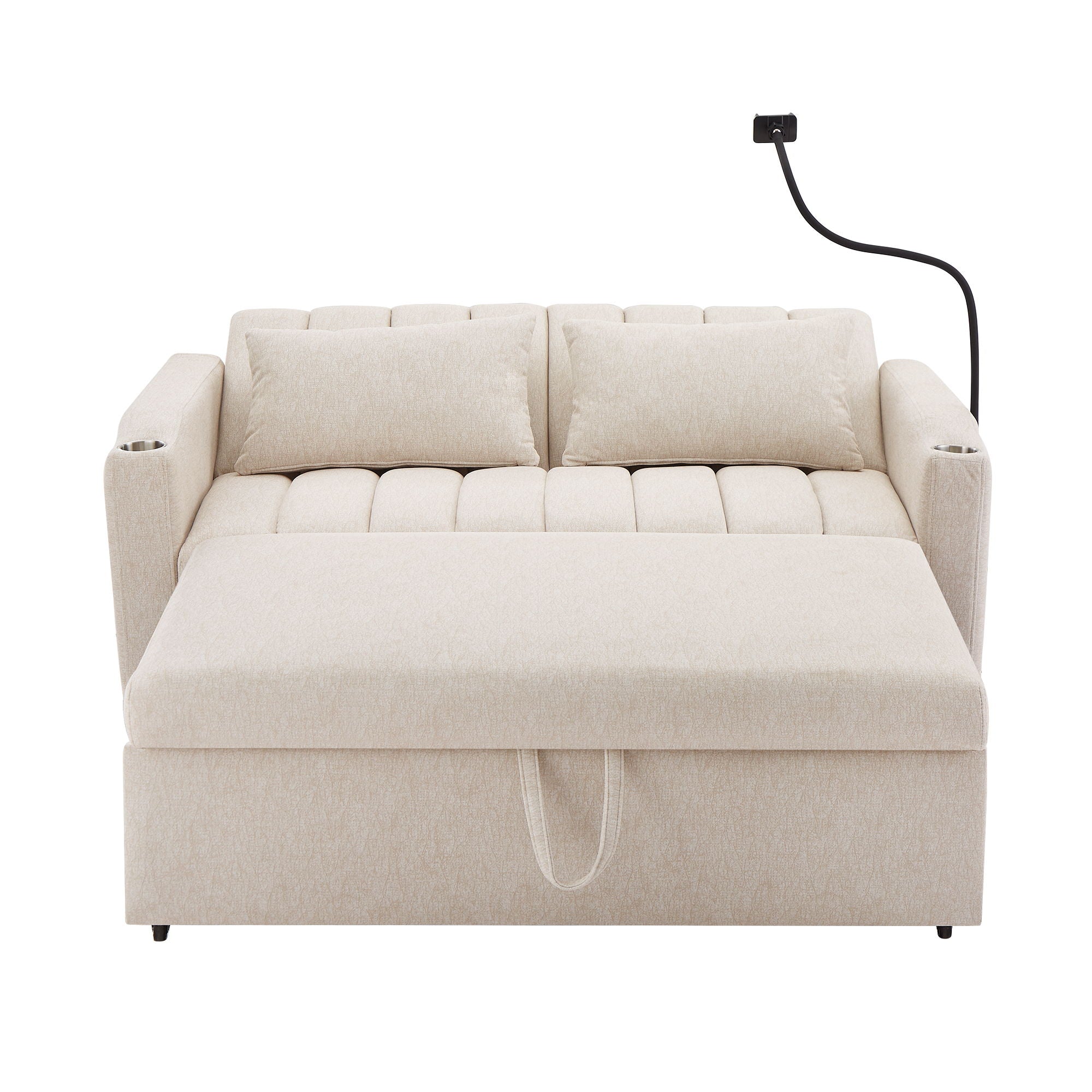 Convertible Sofa Bed Loveseat Sofa With Three USB Ports, Two Side Pockets, Two Cup Holders And 360° swivel Phone Holder For Living Room