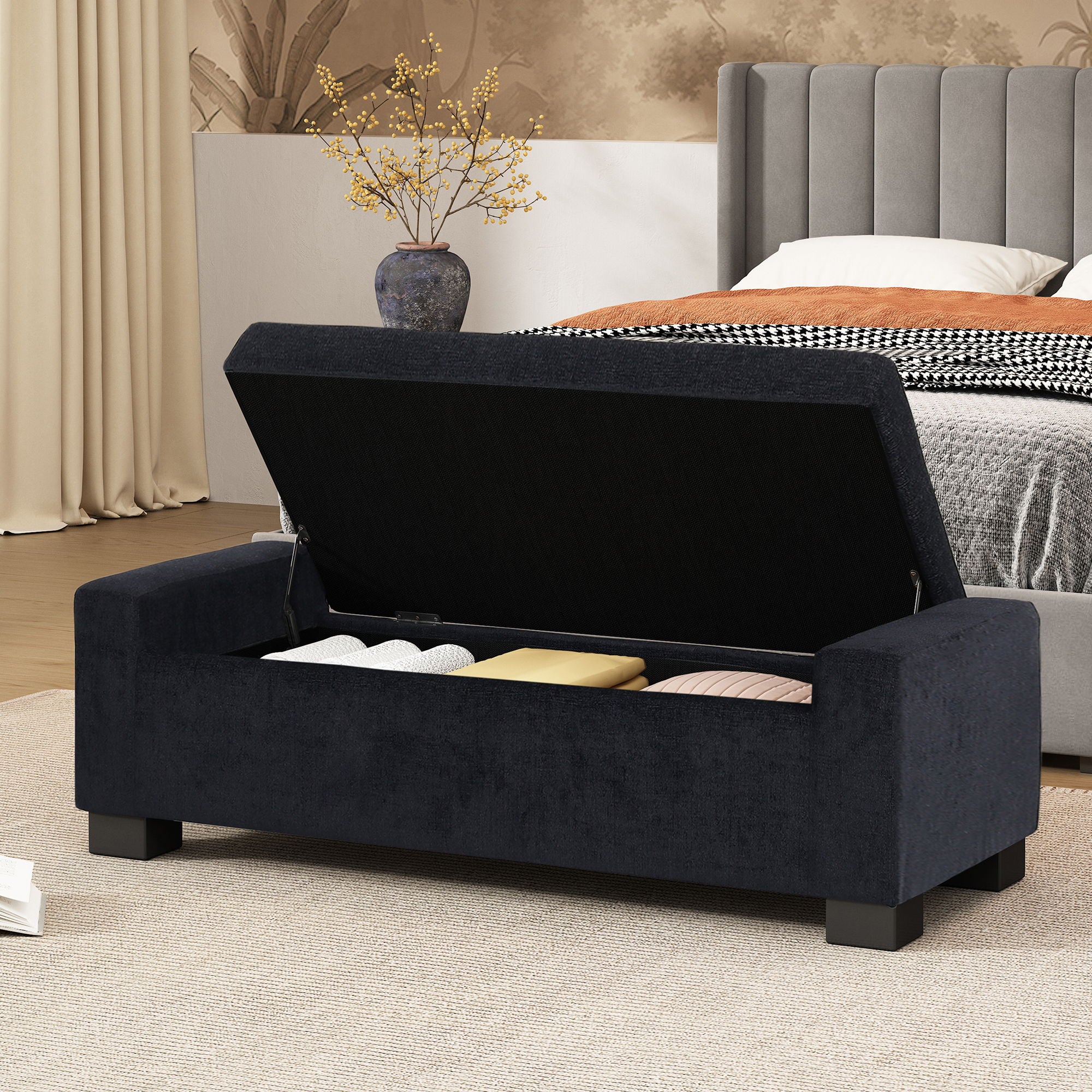 Textured Fabric Ottoman Bench With Hinged Lid