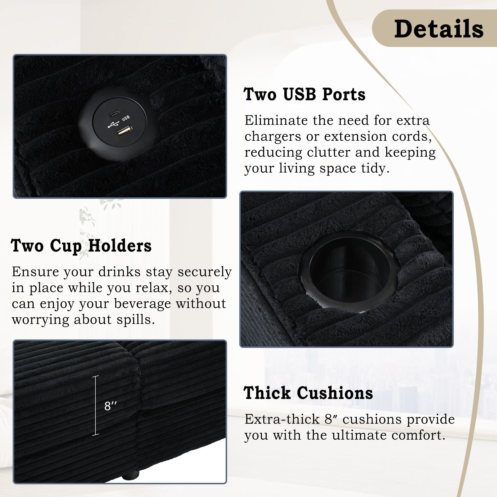 Oversized Loveseat Chaise With 2 USB Ports, 2 Cup Holders And 2 Throw Pillows