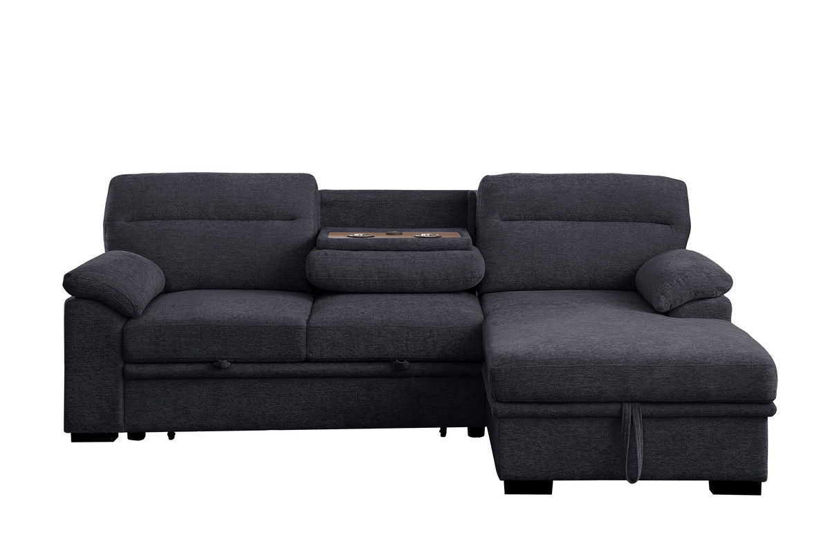 Kipling II 94"W Dark Gray Chenille Fabric Sleeper Sectional Sofa with Right-Facing Chaise, Cupholders, USB Charging port