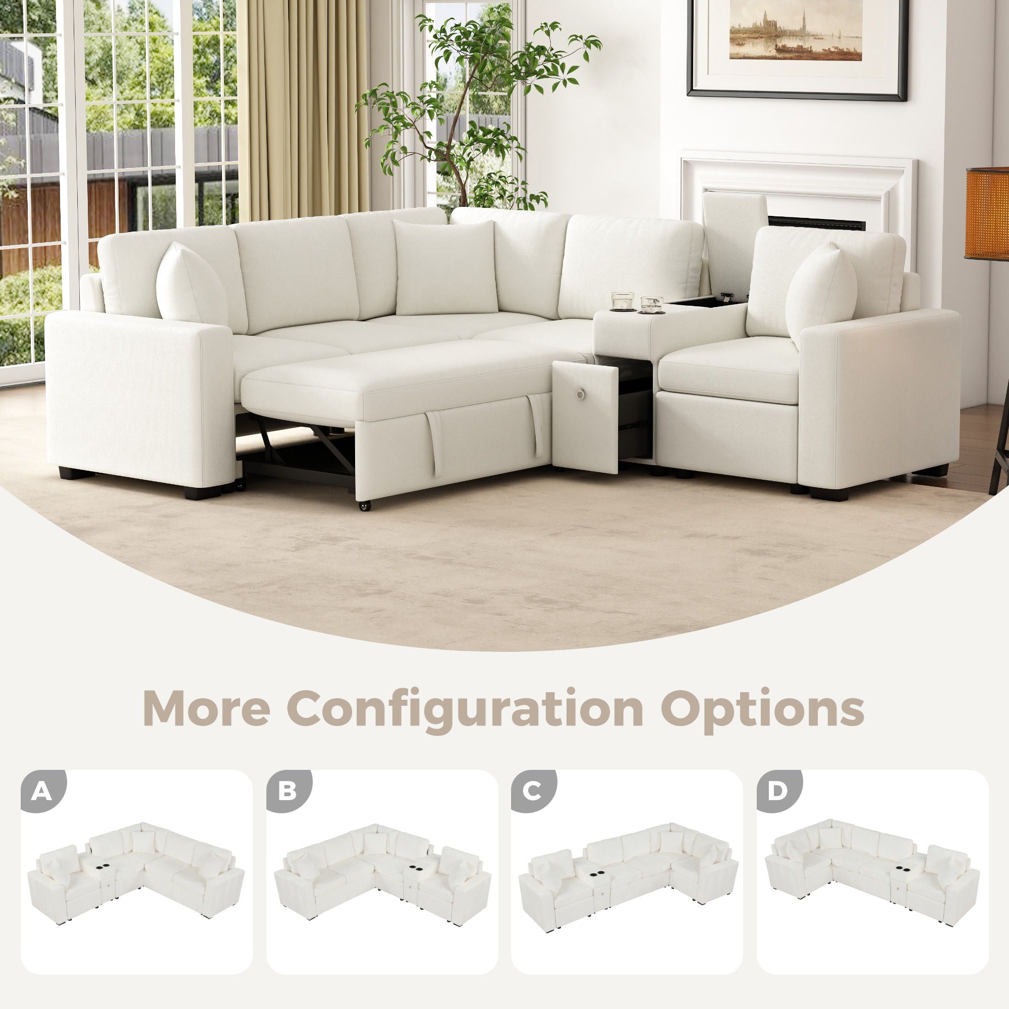 Contemporary L Shaped Convertible Sofa Bed With Pull Out Bed, Cup Holders, And Storage