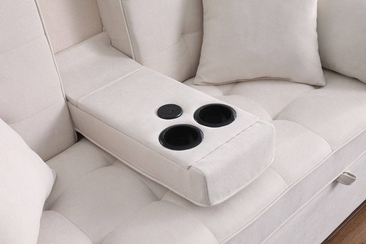 Cody II 70"W Beige Woven Fabric Convertible Sleeper Loveseat with Dropdown Console, Cup Holders, Charging Ports, Pocket, and Pocket Coil Seating