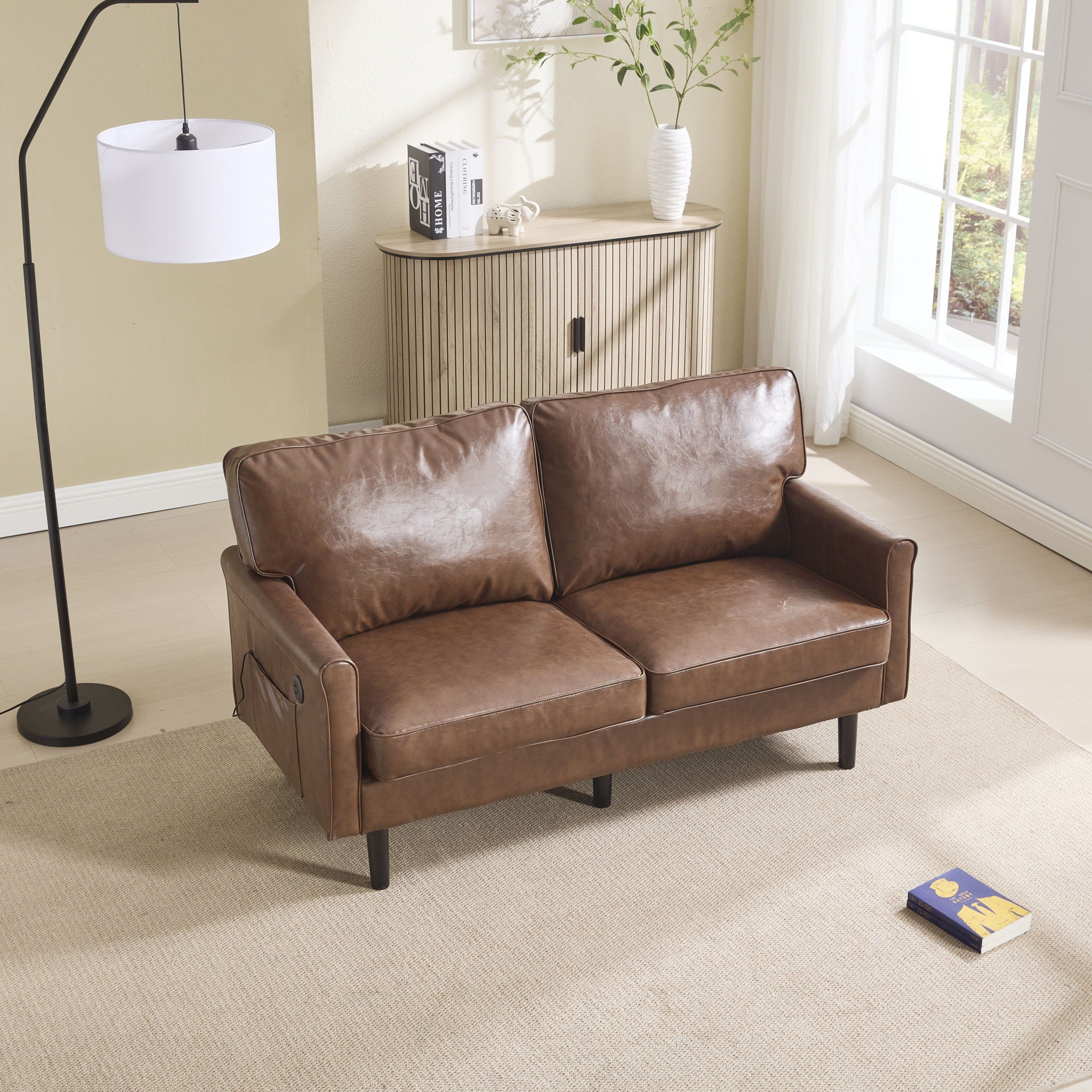 Mid Century Modern Loveseat Sofa With USB Ports, Removable Pillow Cover