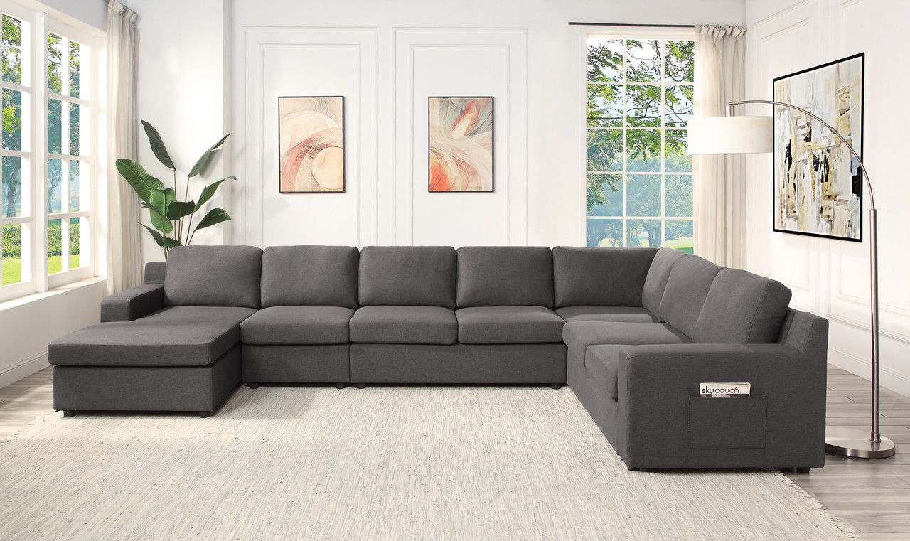 Waylon 145.5"W Gray Linen 7-Seater U-Shape Sectional Sofa Chaise with Pocket