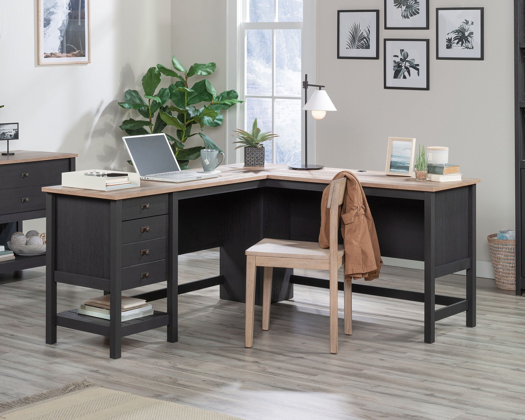L-Shaped Desk with Drawers in Raven Oak