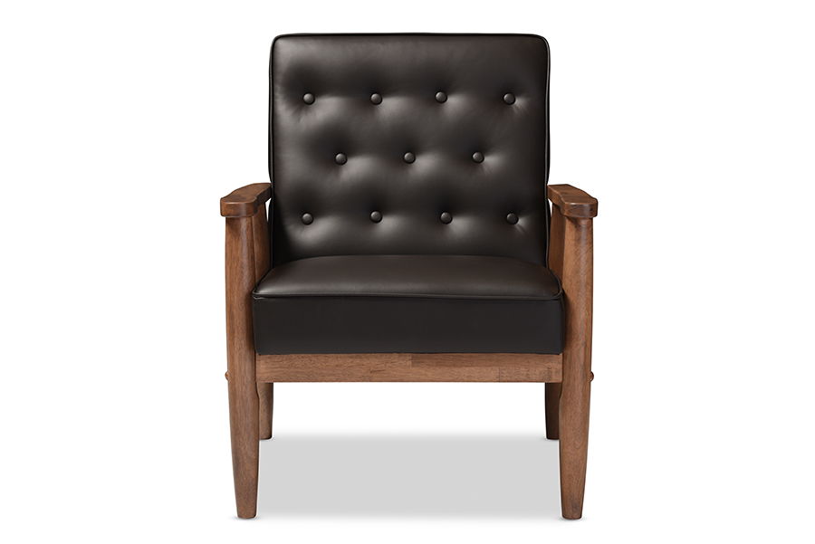 Sorrento Mid-century Retro Modern Brown Faux Leather Upholstered Wooden Lounge Chair