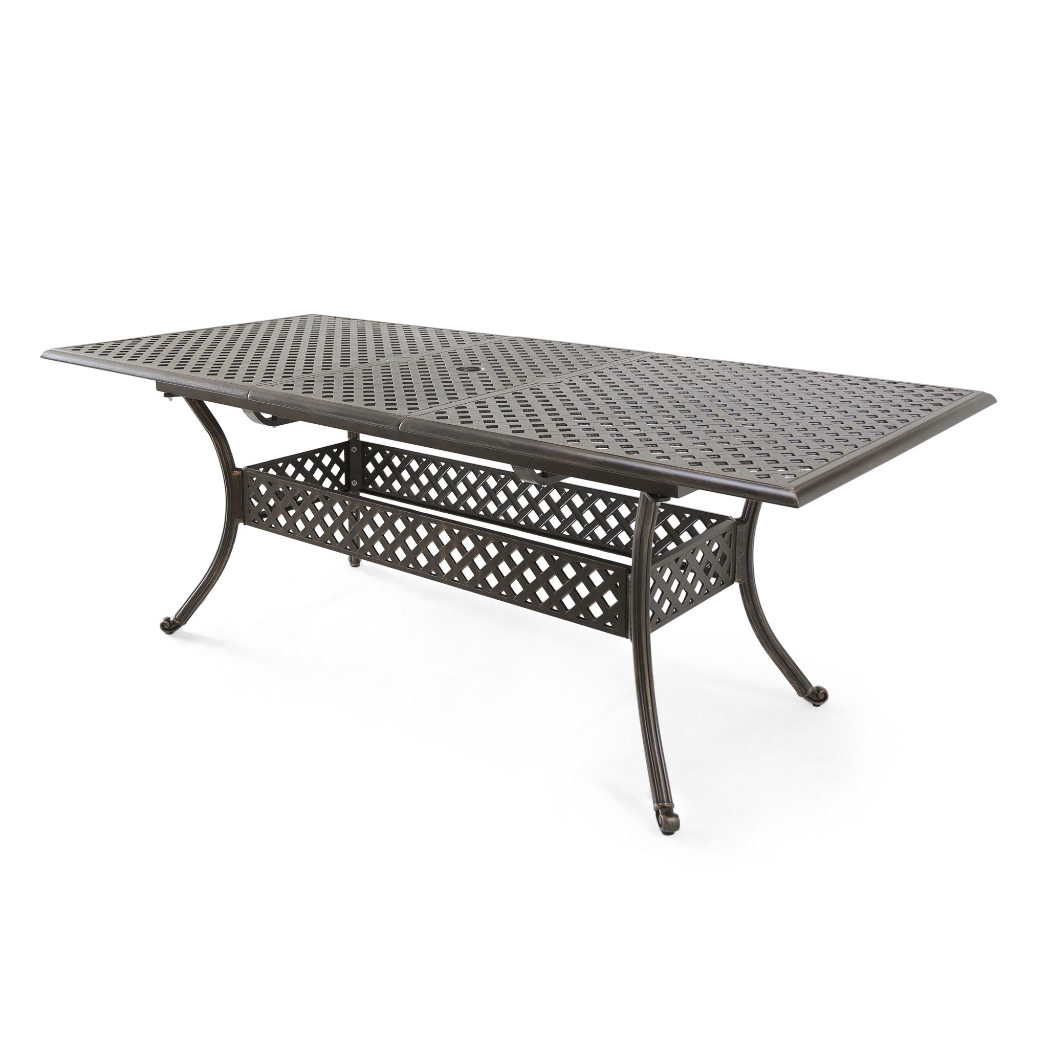 Outdoor Expandable Dining Table With Umbrella Holder, Lattice Pattern And Curved Legs - Black