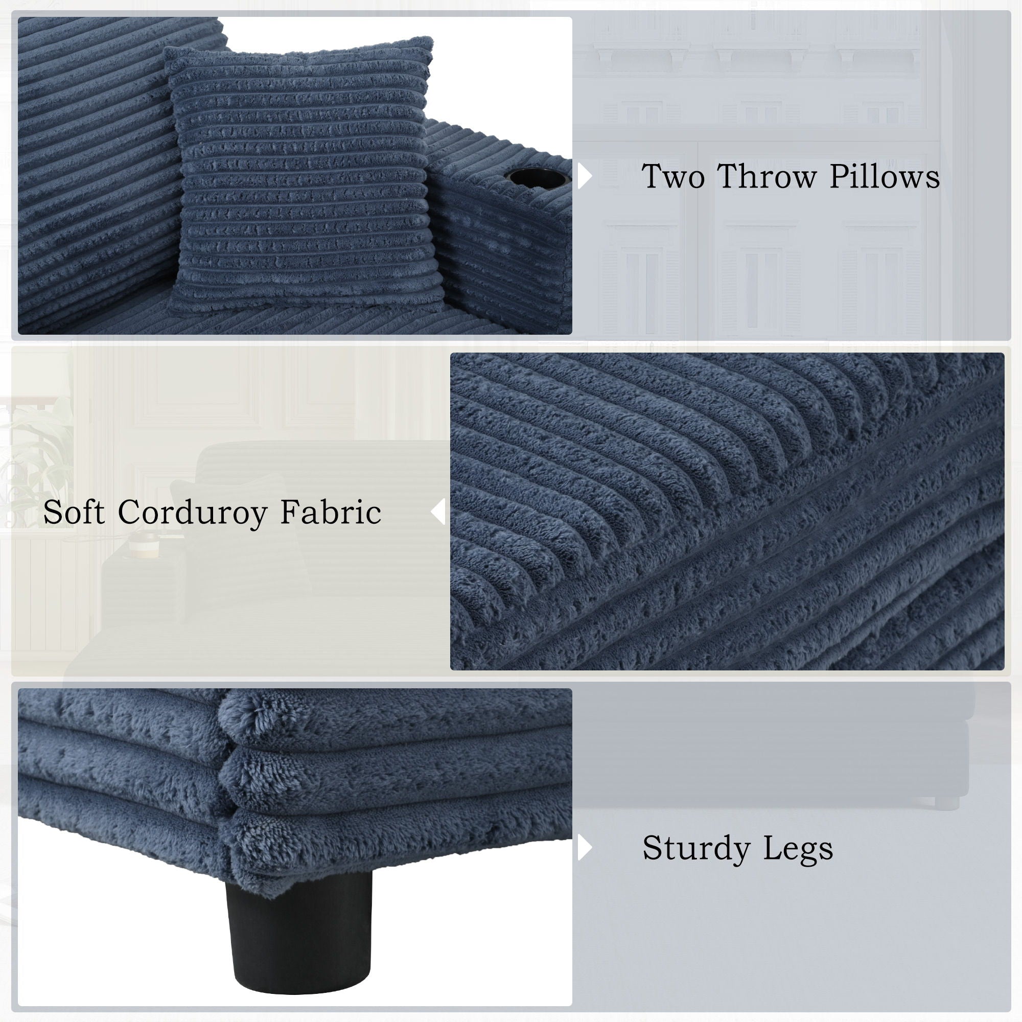 Oversized Loveseat Chaise With 2 USB Ports, 2 Cup Holders And 2 Throw Pillows