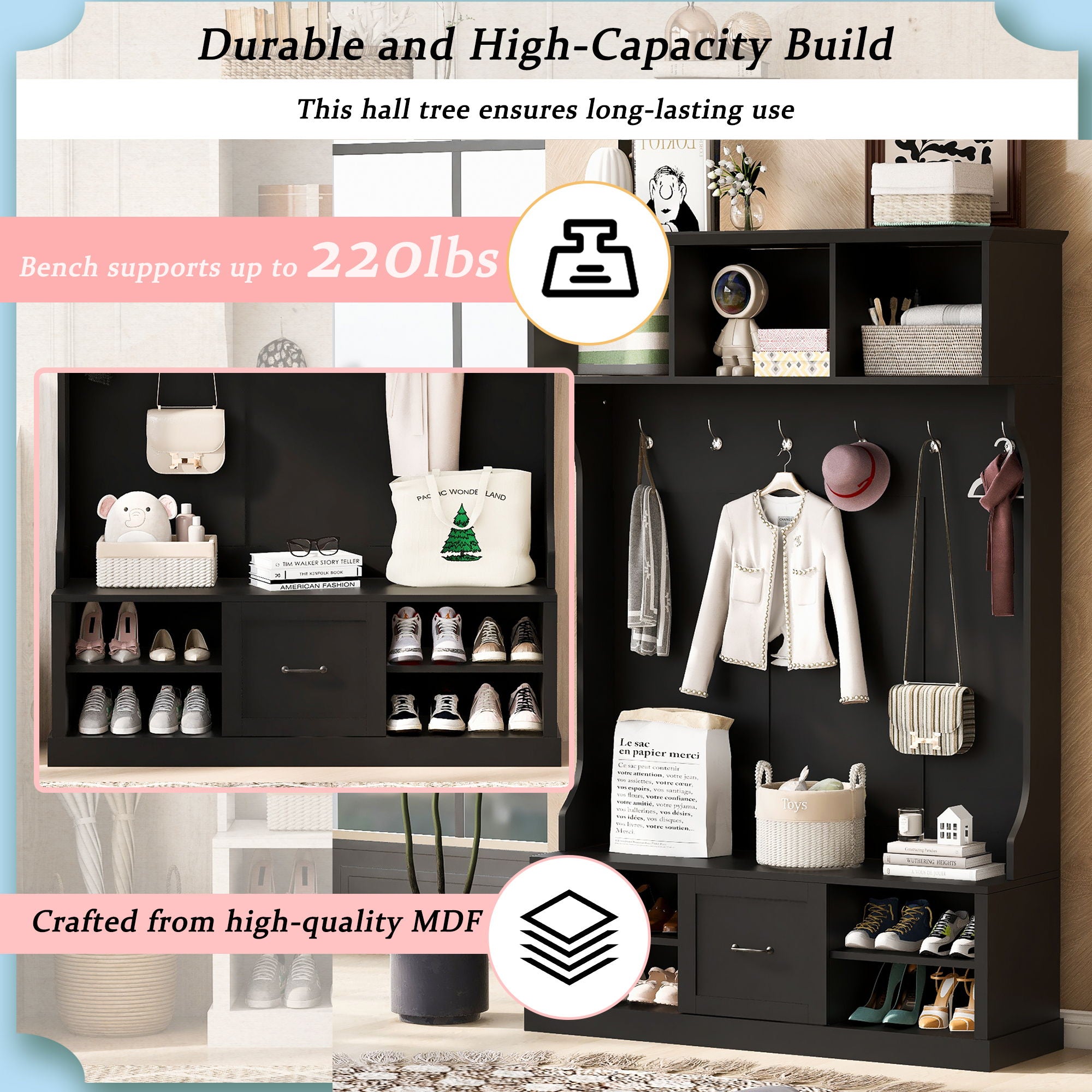 Hall Tree With 6 Hooks, Coat Hanger, Entryway Bench