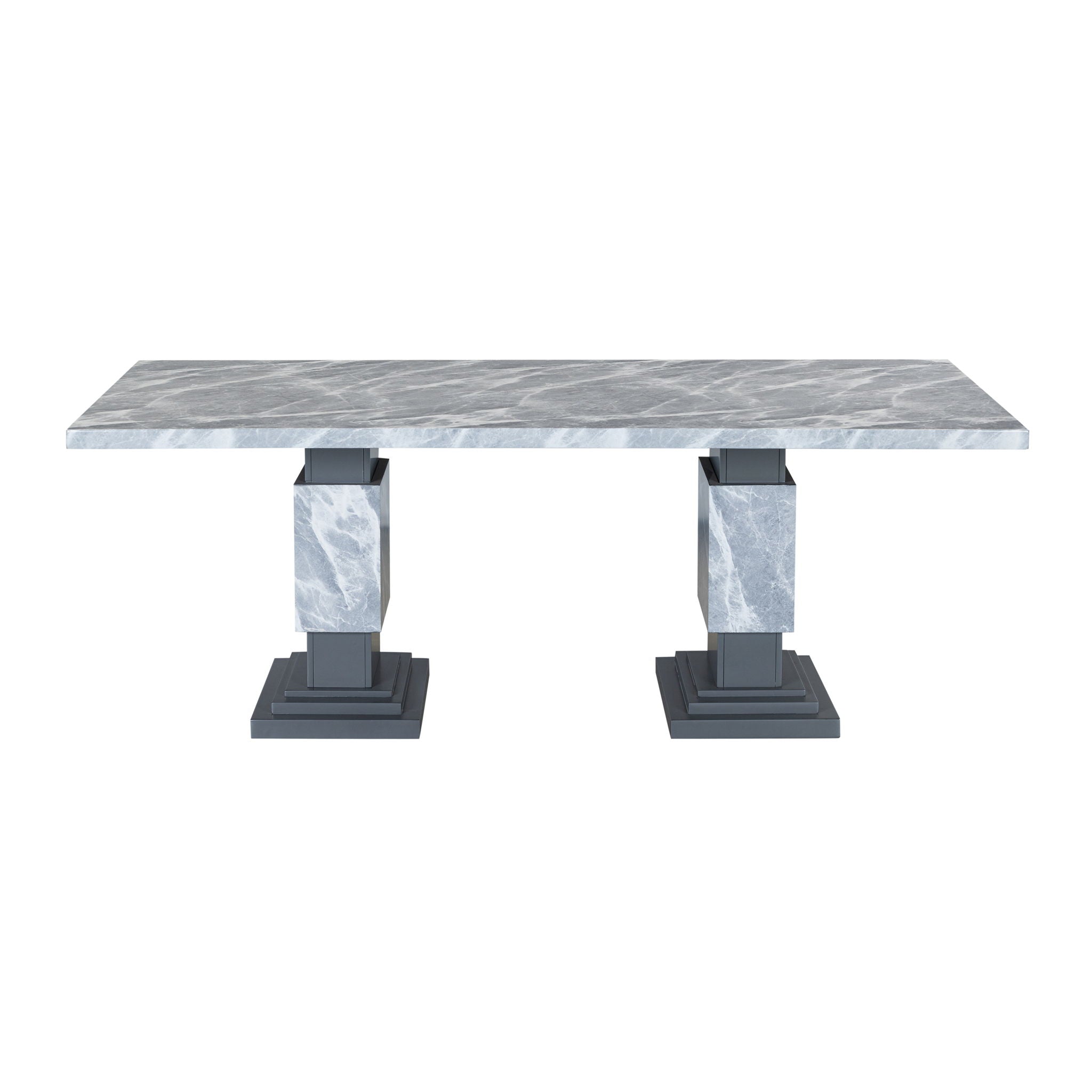 Michelle - Dining Table With Double Pedestal Marble Detailing - Gray