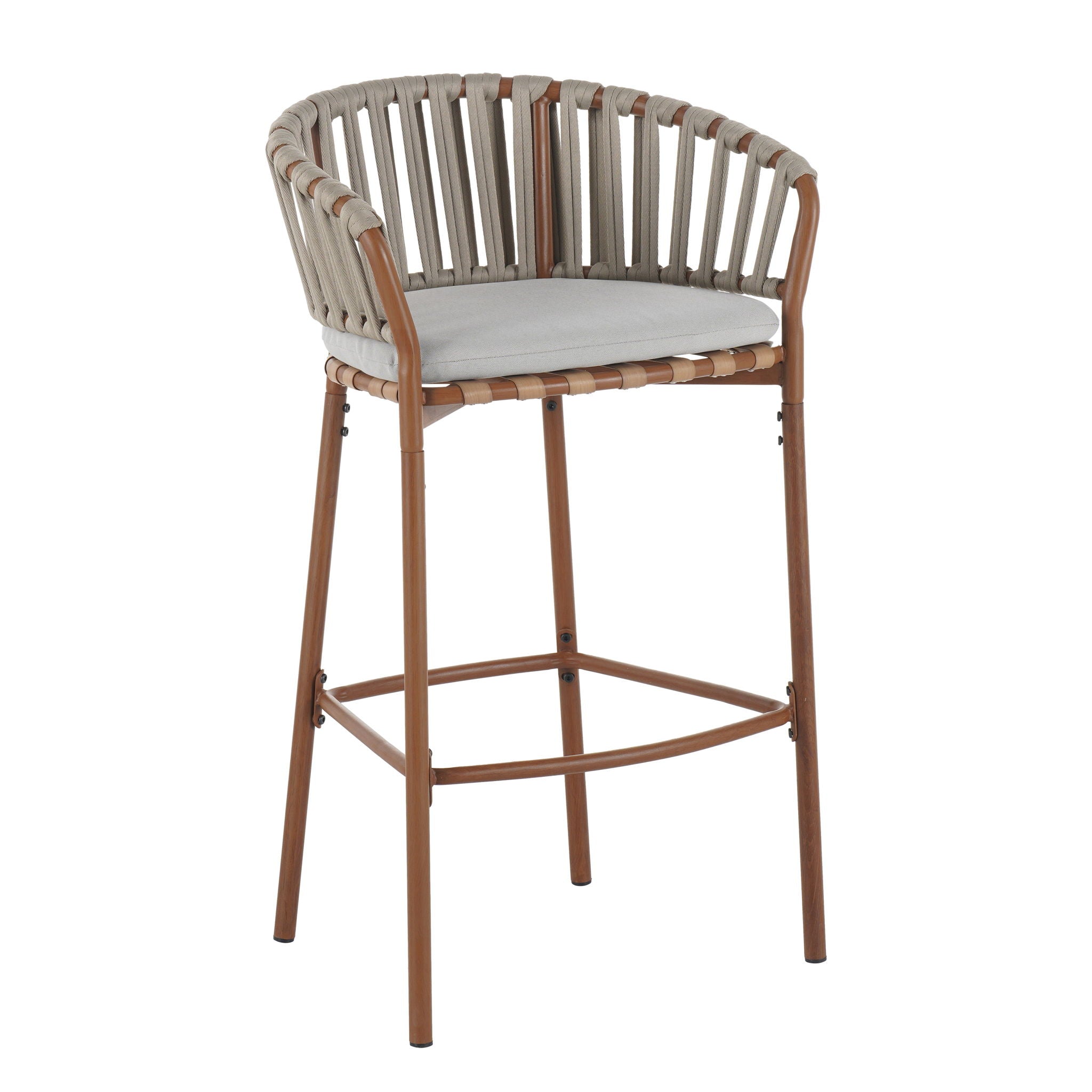 Lodi - Outdoor Matal Rope Barstool, Teak / Beige (Set of 2) - Teak / Beige