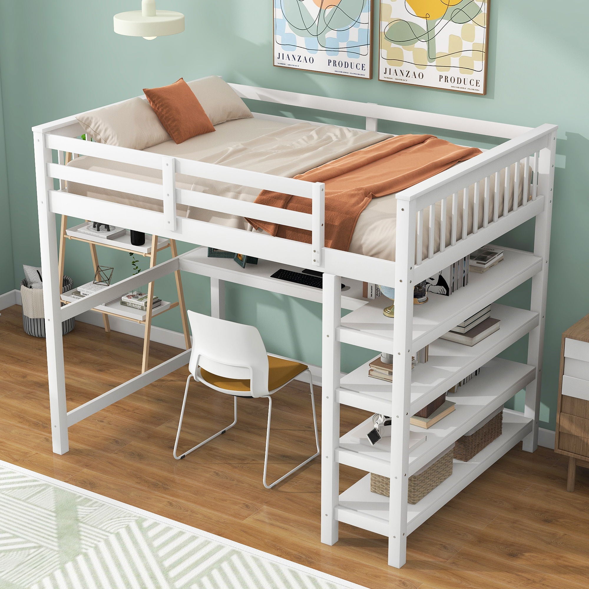 Loft Bed With Storage Shelves And Under Bed Desk