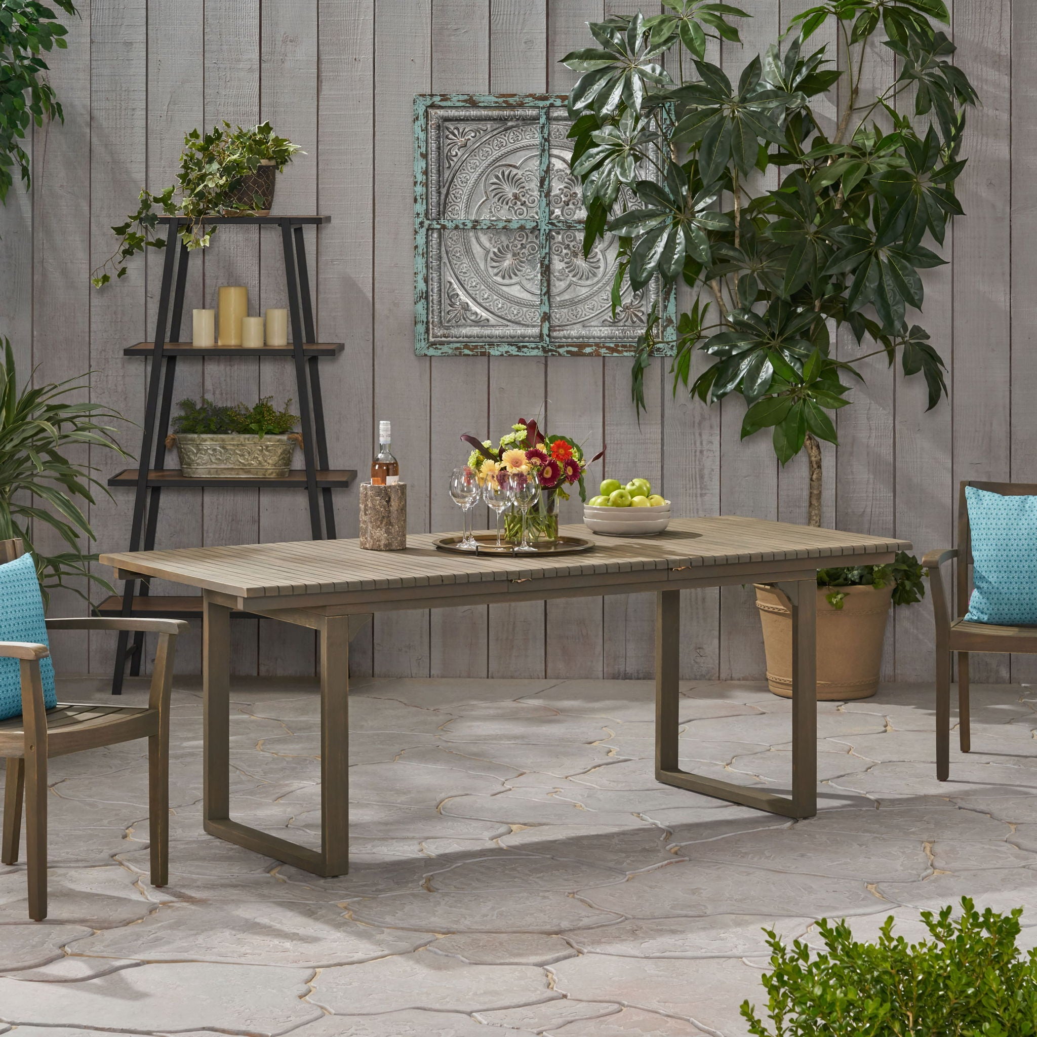 Outdoor Expandable Acacia Wood Dining Table With U Shaped Leg