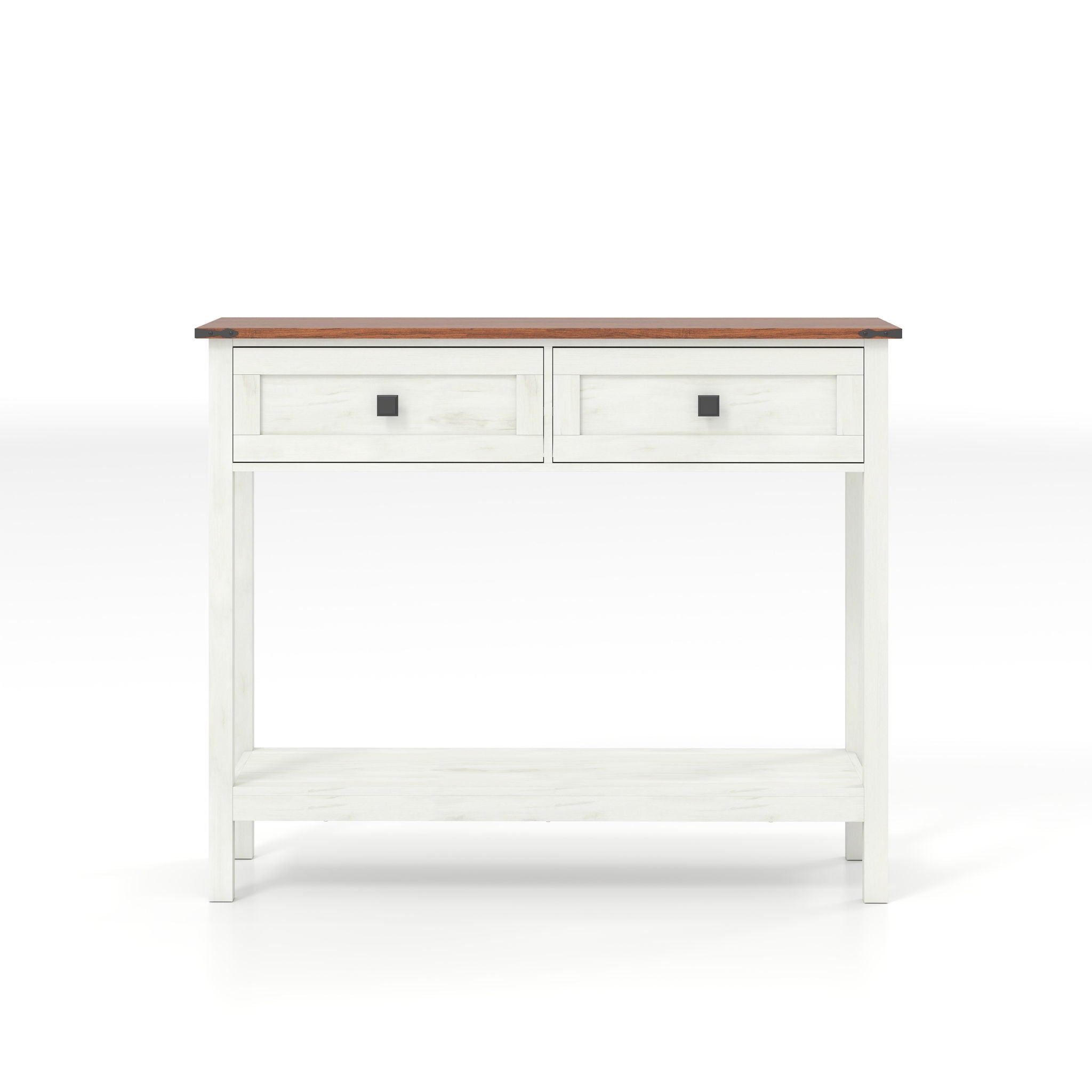 Farmhouse Style Console Table With 2 Drawers And Bottom Storage Shelf