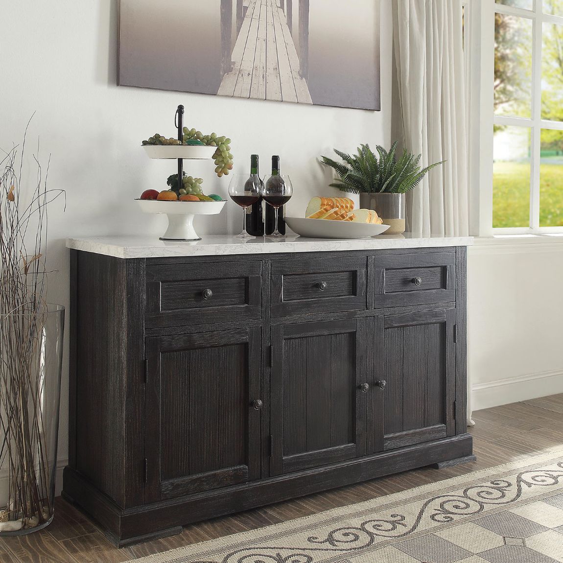 ACME Nolan - Server - White Marble & Salvage Dark Oak | Meri Furniture