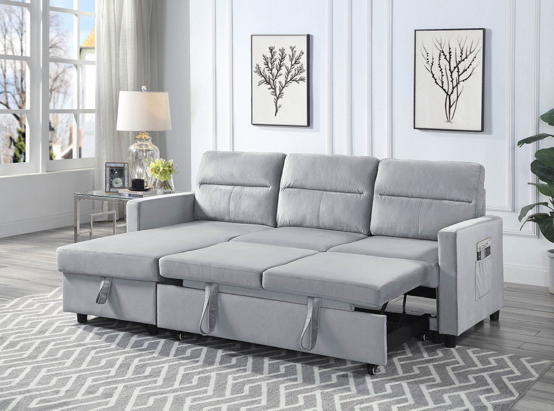 Ivy 81.5"W Light Gray Velvet Reversible Sleeper Sectional Sofa with Storage Chaise and Side Pocket