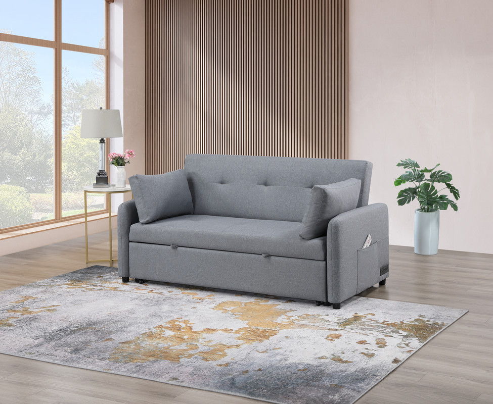 Radella 69"W Gray Linen Convertible Sleeper Sofa with USB Ports, Power Sockets, Pockets, Pillows, Tufting