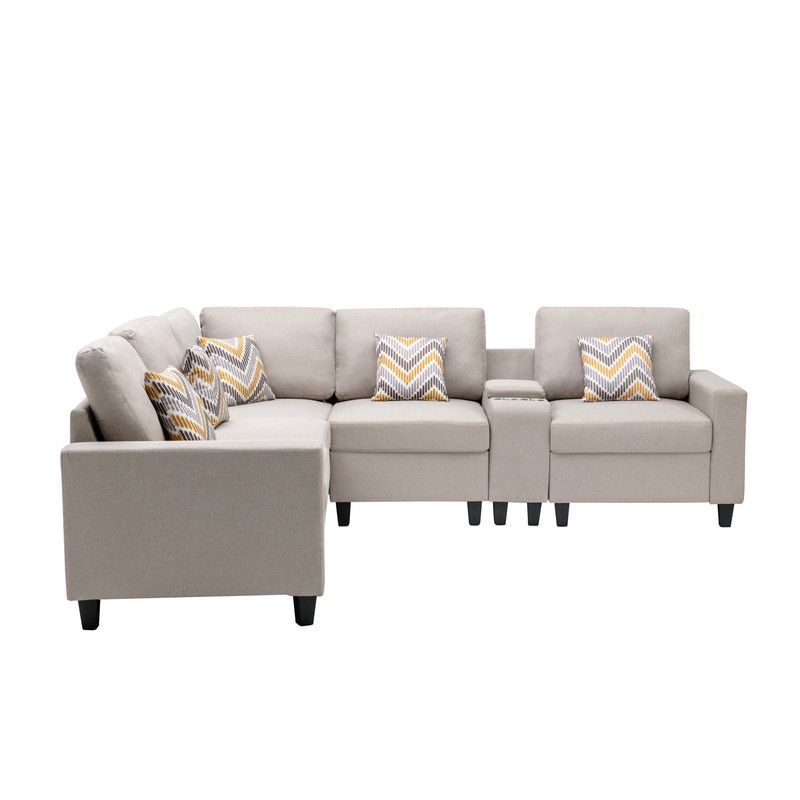 Nolan 106"W Beige Linen Fabric 6Pc Reversible Sectional Sofa with a USB, Charging Ports, Cupholders, Storage Console Table and Pillows and Interchangeable Legs