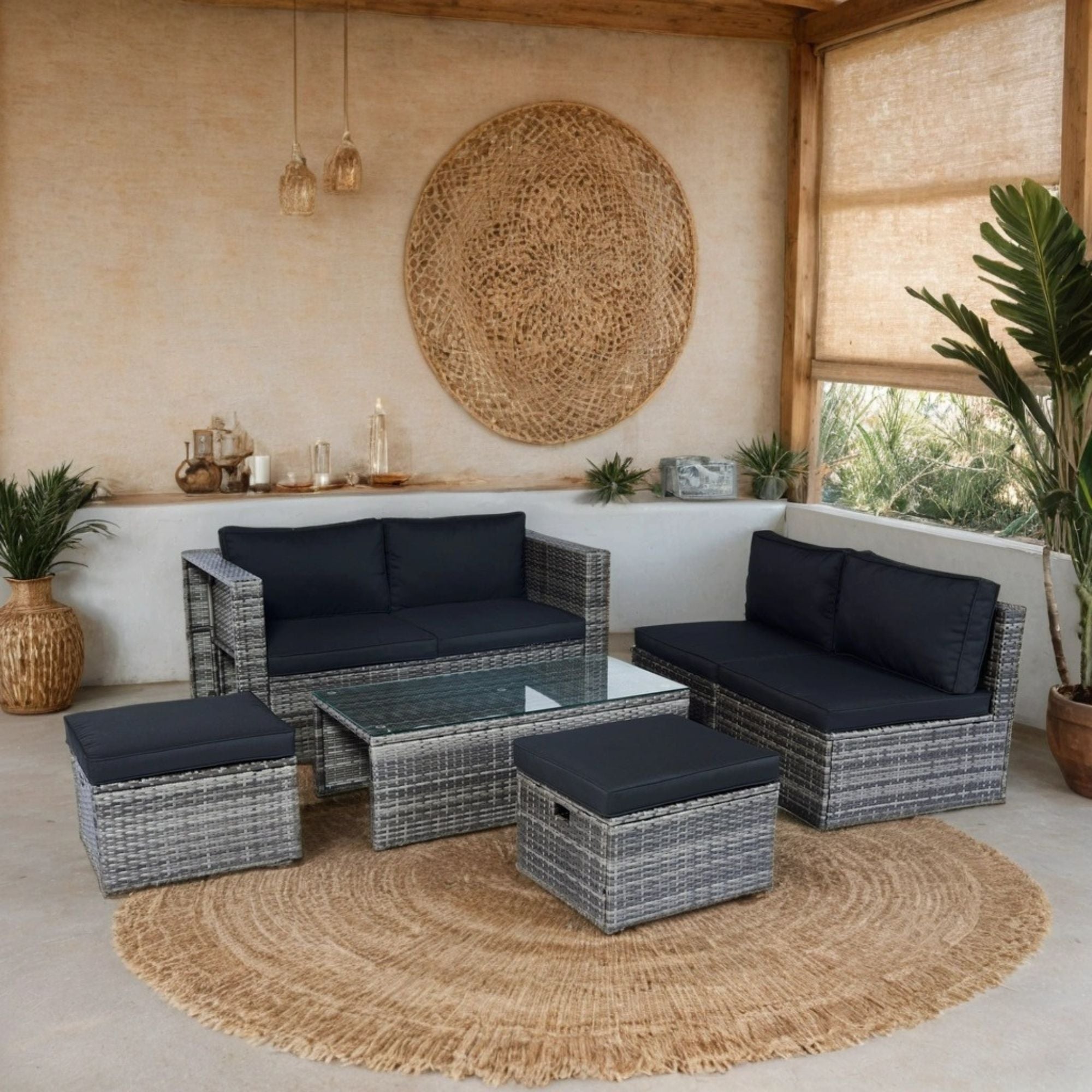 6 Piece Patio Wicker Sectional Set Patio Backyard Conversation Set Space Saving - Gray / Black