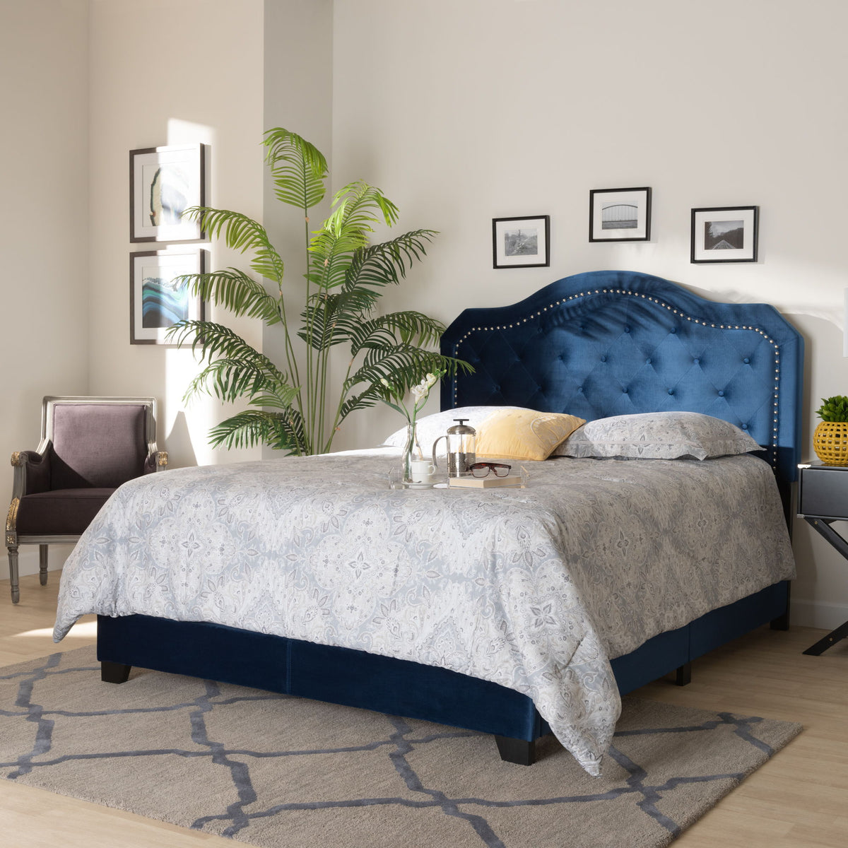 Samantha Modern and Contemporary Navy Blue Velvet Fabric Upholstered Queen Size Button Tufted Bed
